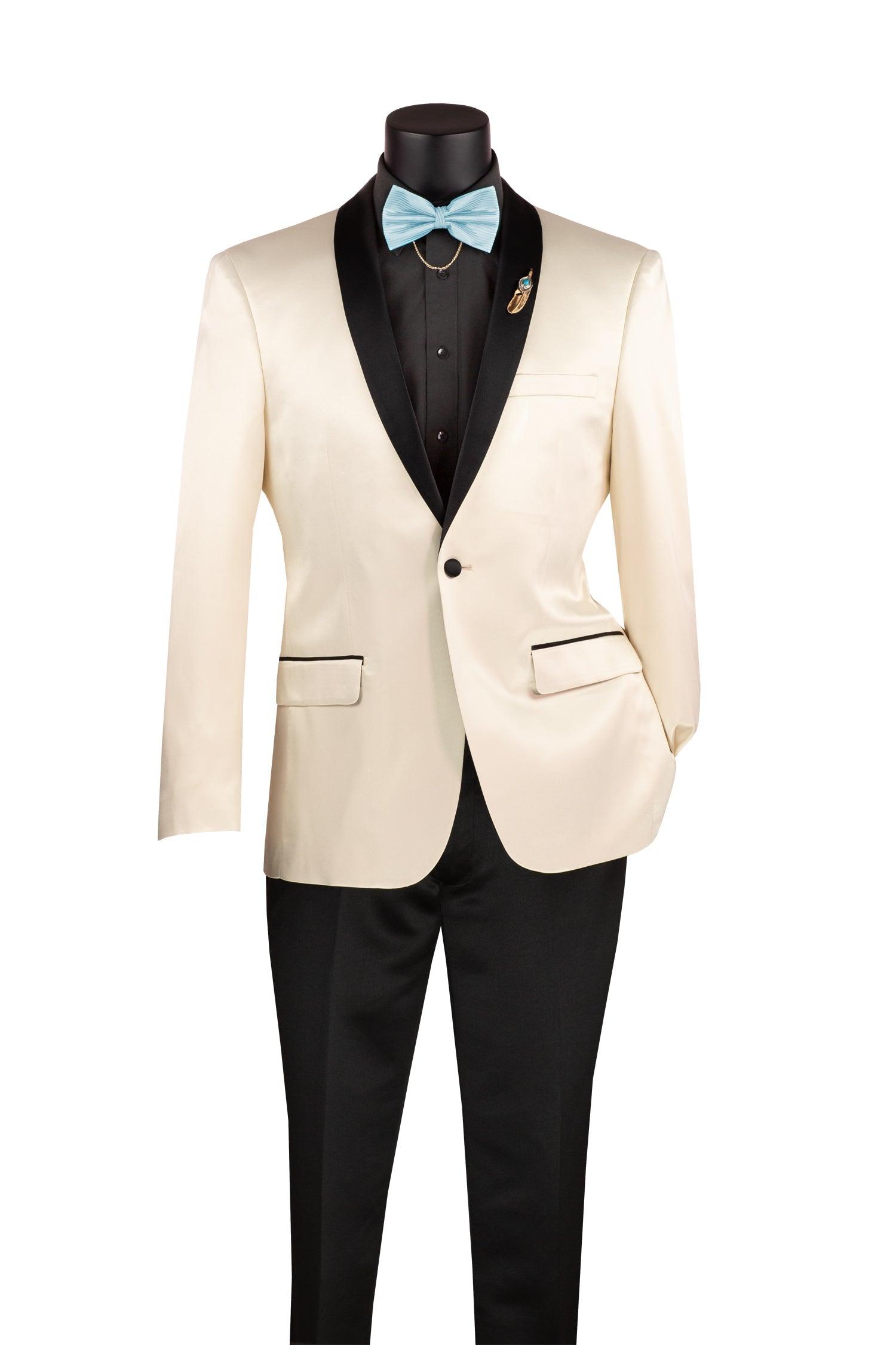 Champagne Beige Slim Fit Steen Tuxedo Jacket with Black Shawel Lapel - Upscale Men's Fashion