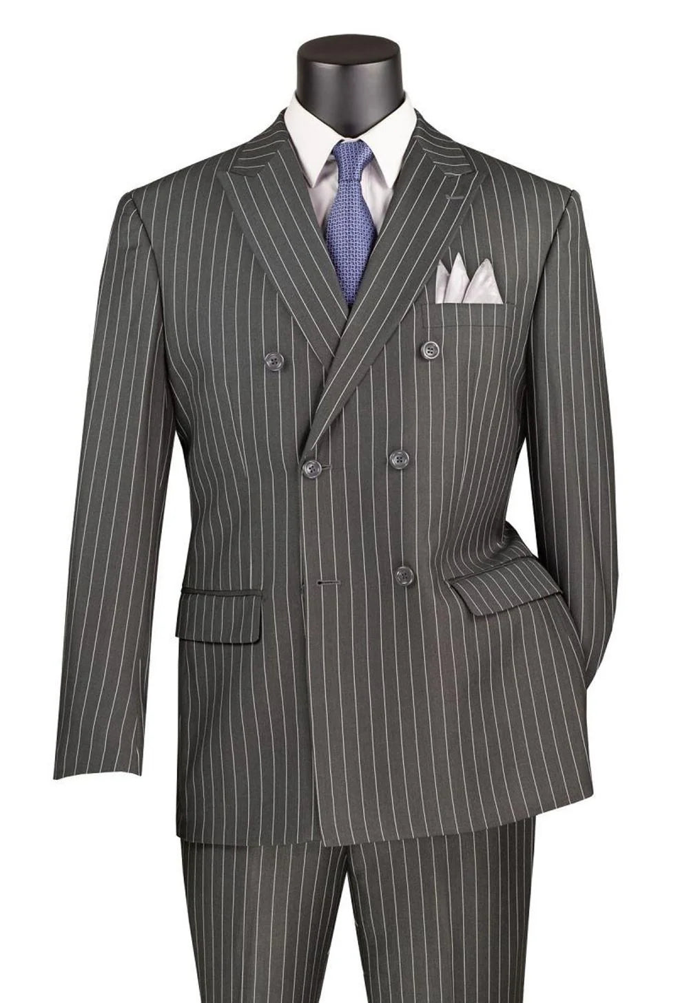 Charcoal Pinstripe Regular Fit Double-Breasted Wool-Feel Poly Rayon 2-Piece Suit – Banker Collection – Upscale Men’s Fashion