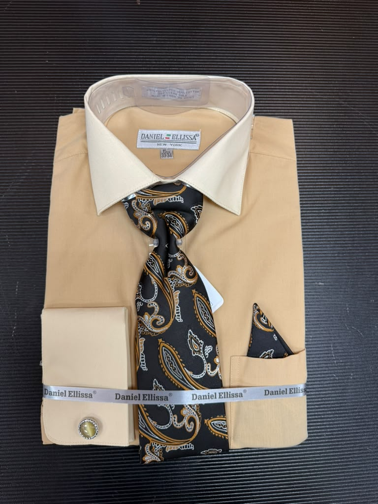 Beige Regular Fit Two-Tone French Cuff Dress Shirt Set
