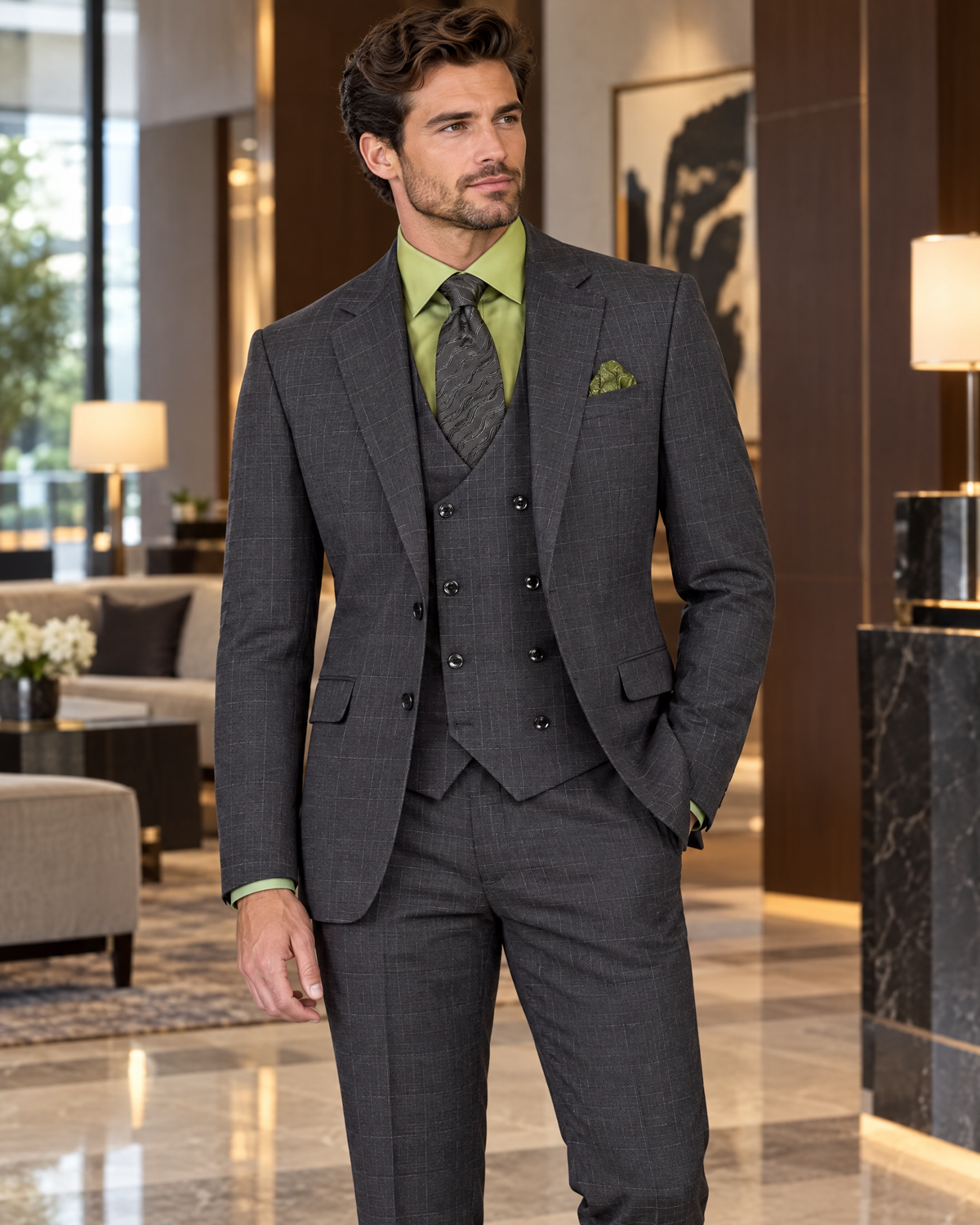 Men’s black glen plaid 3-piece suit in an upscale hotel