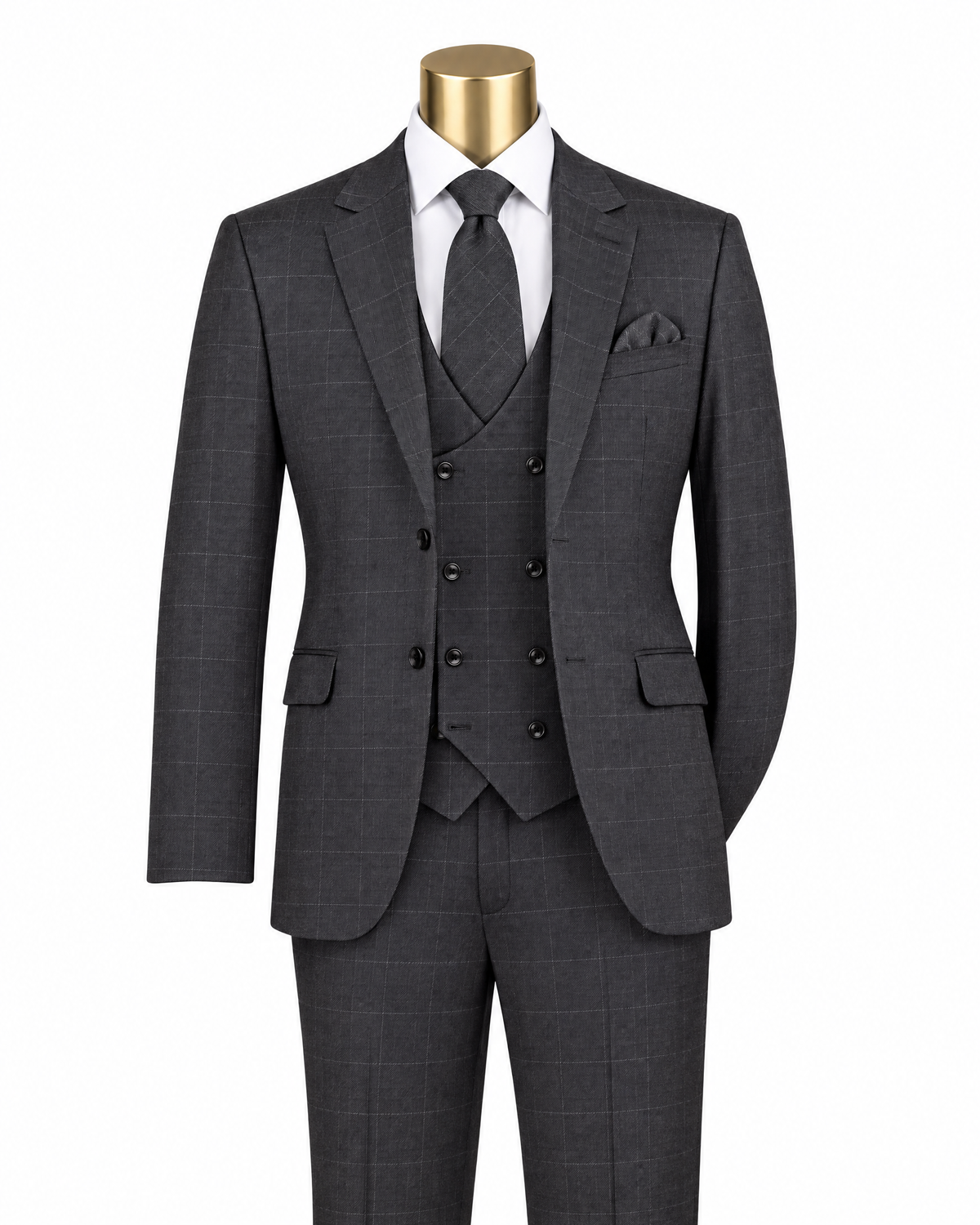 Men’s black glen plaid 3-piece suit on gold mannequin