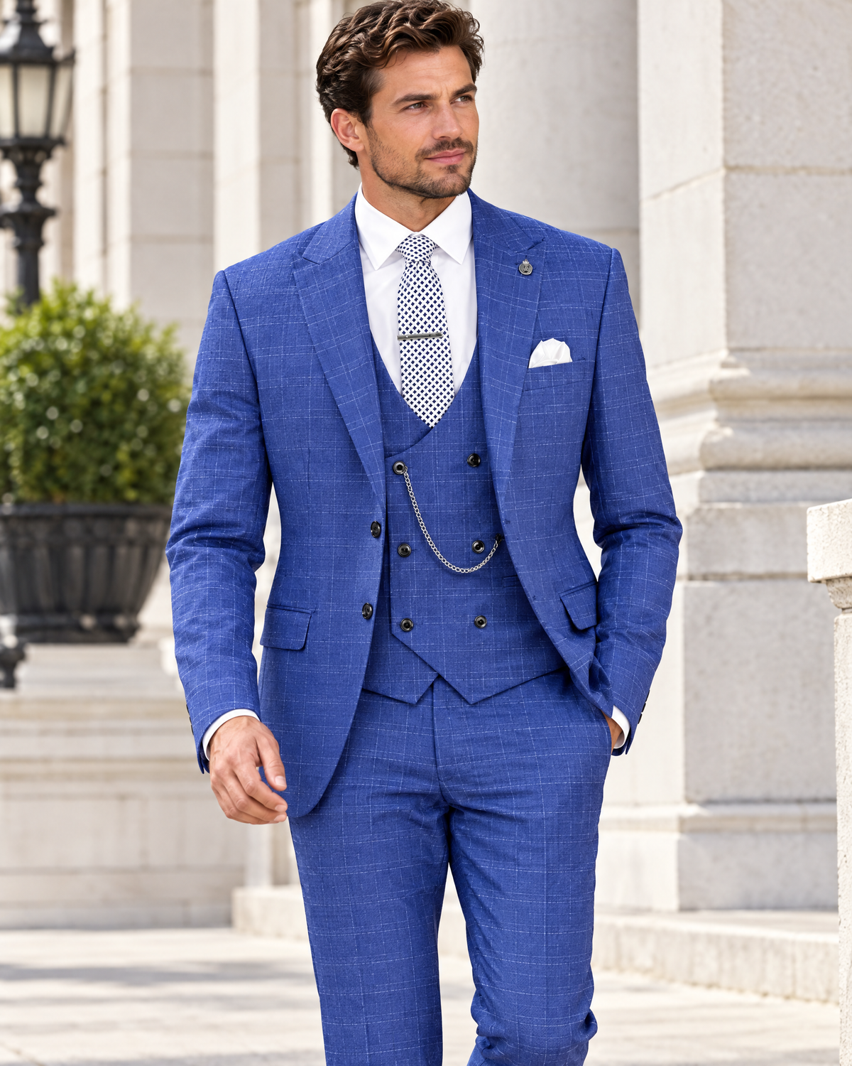 Men’s classic blue glen plaid 3-piece suit outdoors