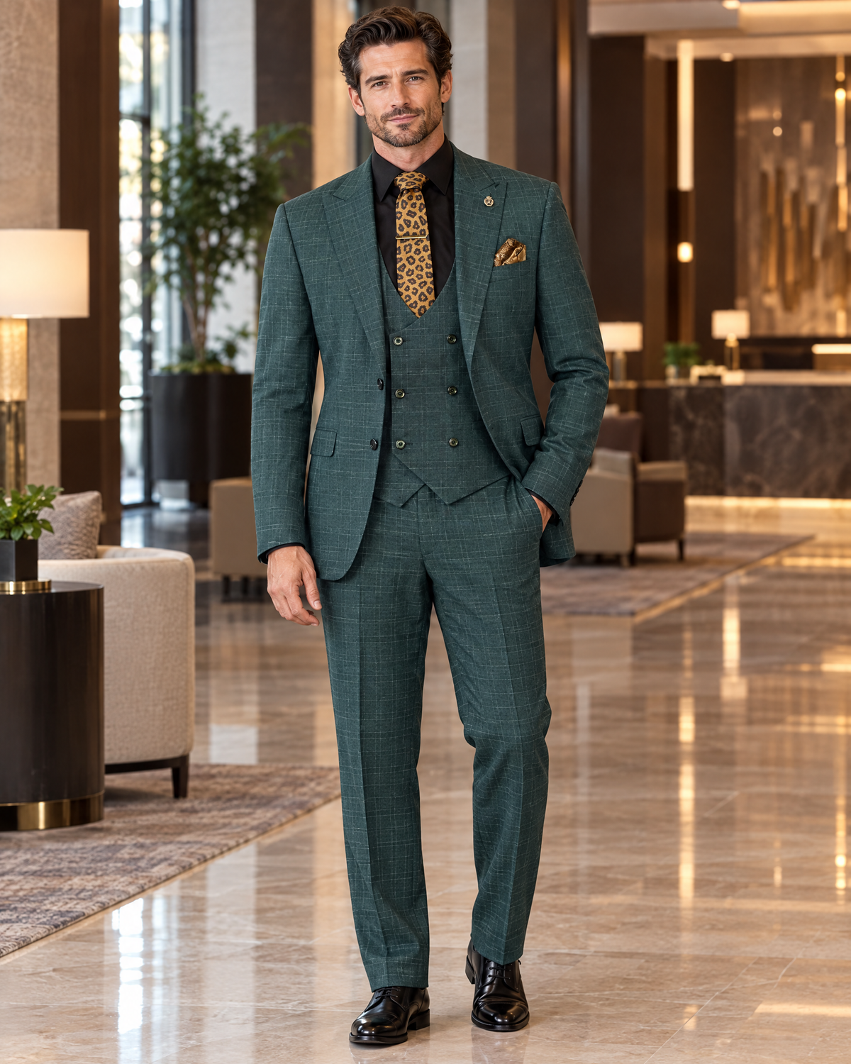 Men’s forest green glen plaid 3-piece suit in an upscale hotel