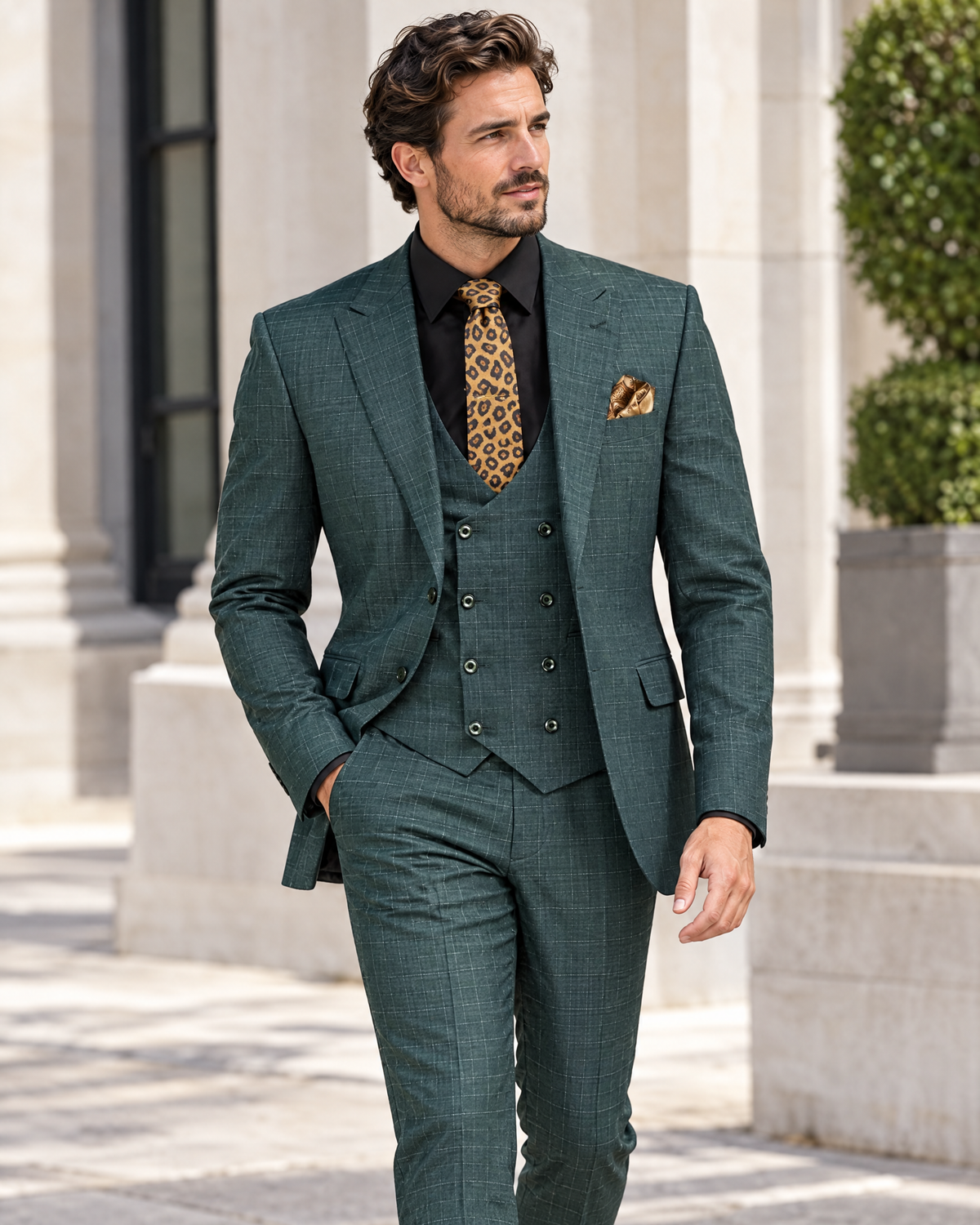 Men’s forest green glen plaid 3-piece suit outdoors