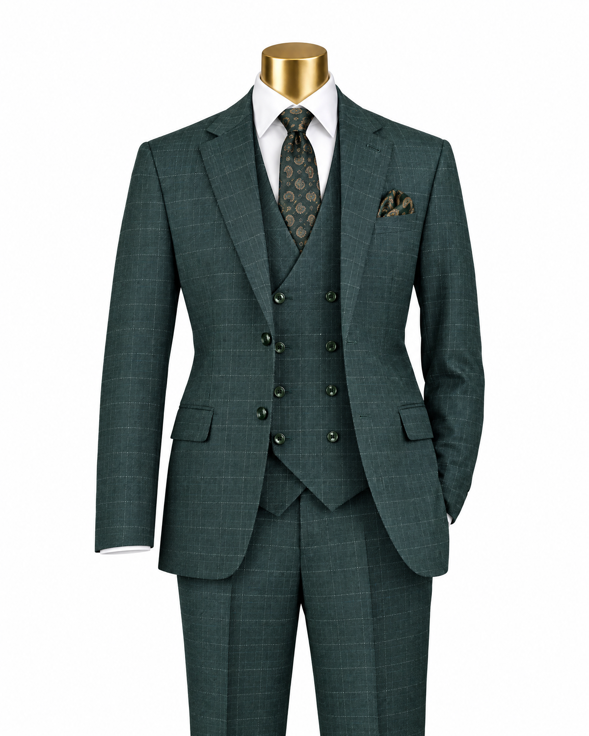 Men’s forest green glen plaid 3-piece suit on gold mannequin