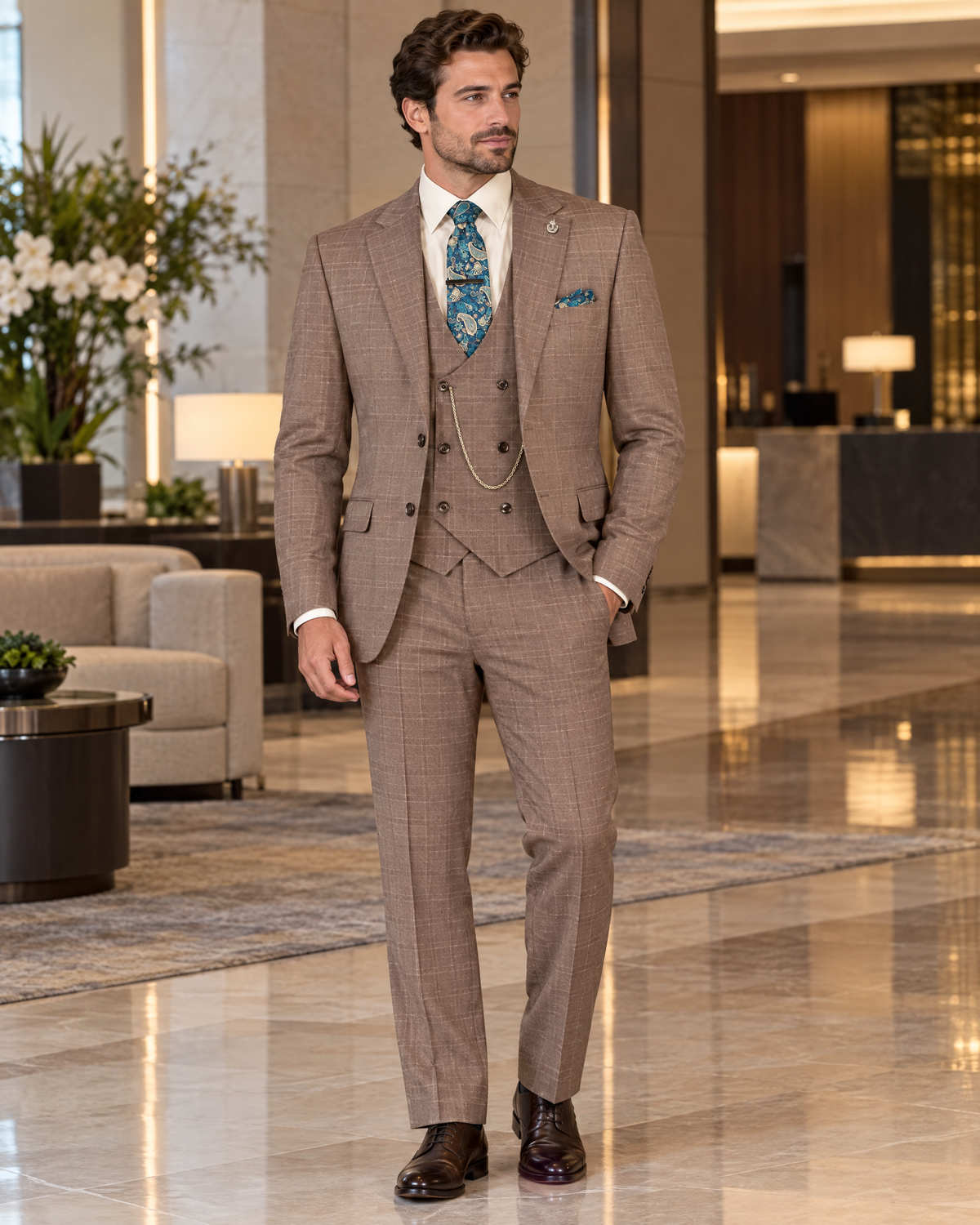 Men’s toast glen plaid 3-piece suit in an upscale hotel
