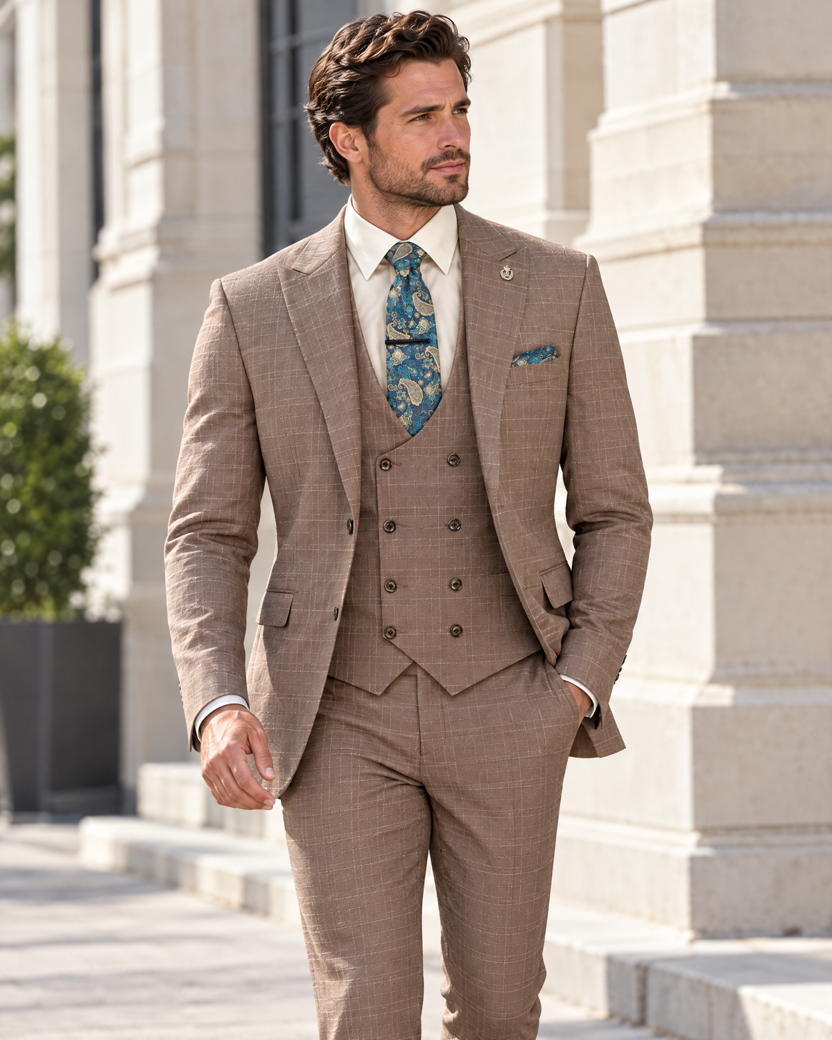 Men’s toast glen plaid 3-piece suit outdoors