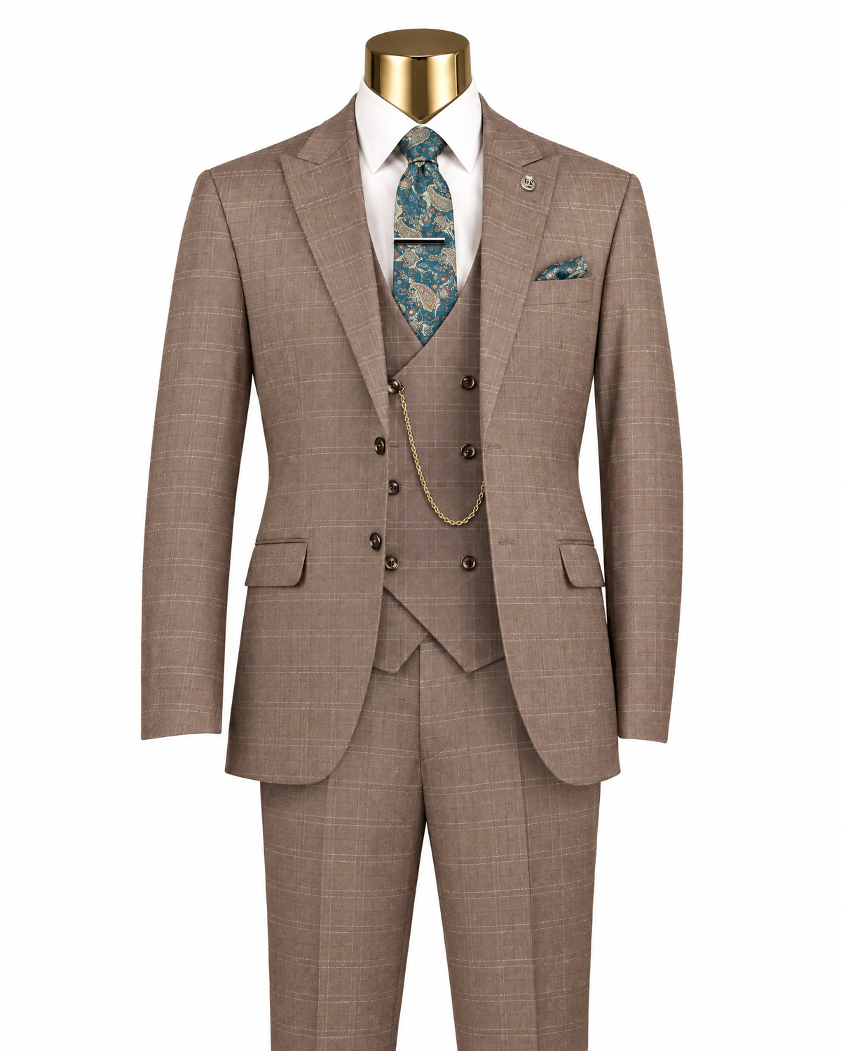 Men’s toast glen plaid 3-piece suit on gold mannequin