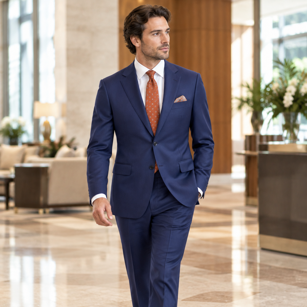 Man wearing the blue Cremona Super 100s wool suit in a contemporary hotel lobby
