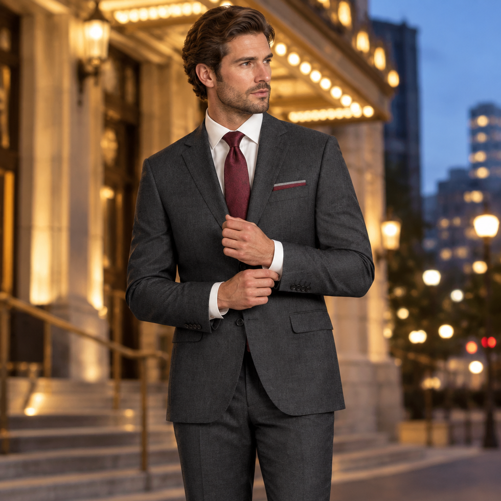 Man wearing the charcoal Cremona Super 100s wool suit outside a formal venue