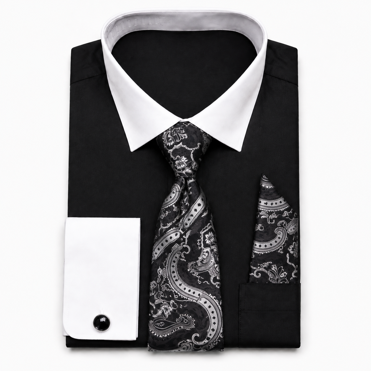 Men's Black cotton blend French cuff dress shirt set with paisley tie