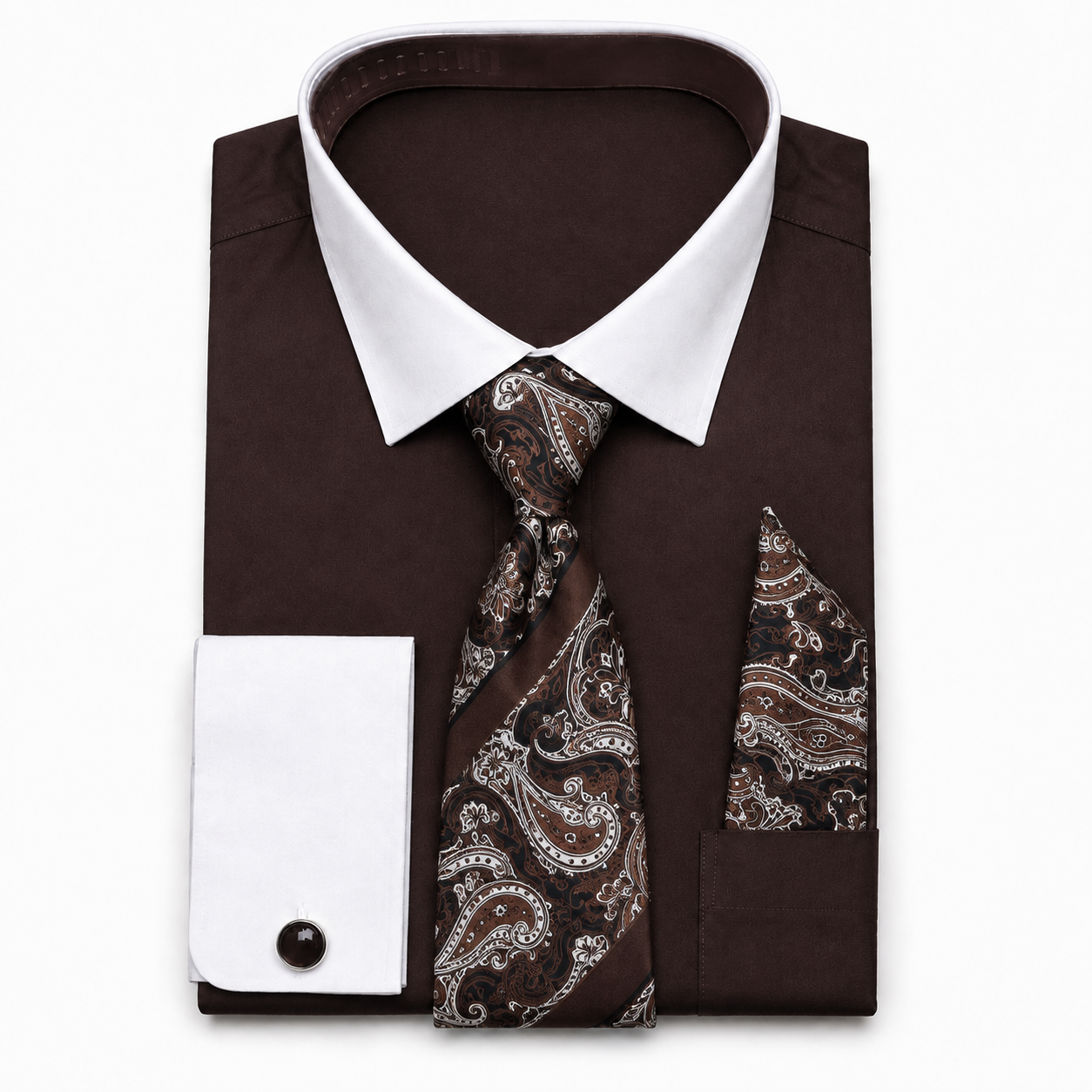 Men's Dark Brown cotton blend French cuff dress shirt set with paisley tie