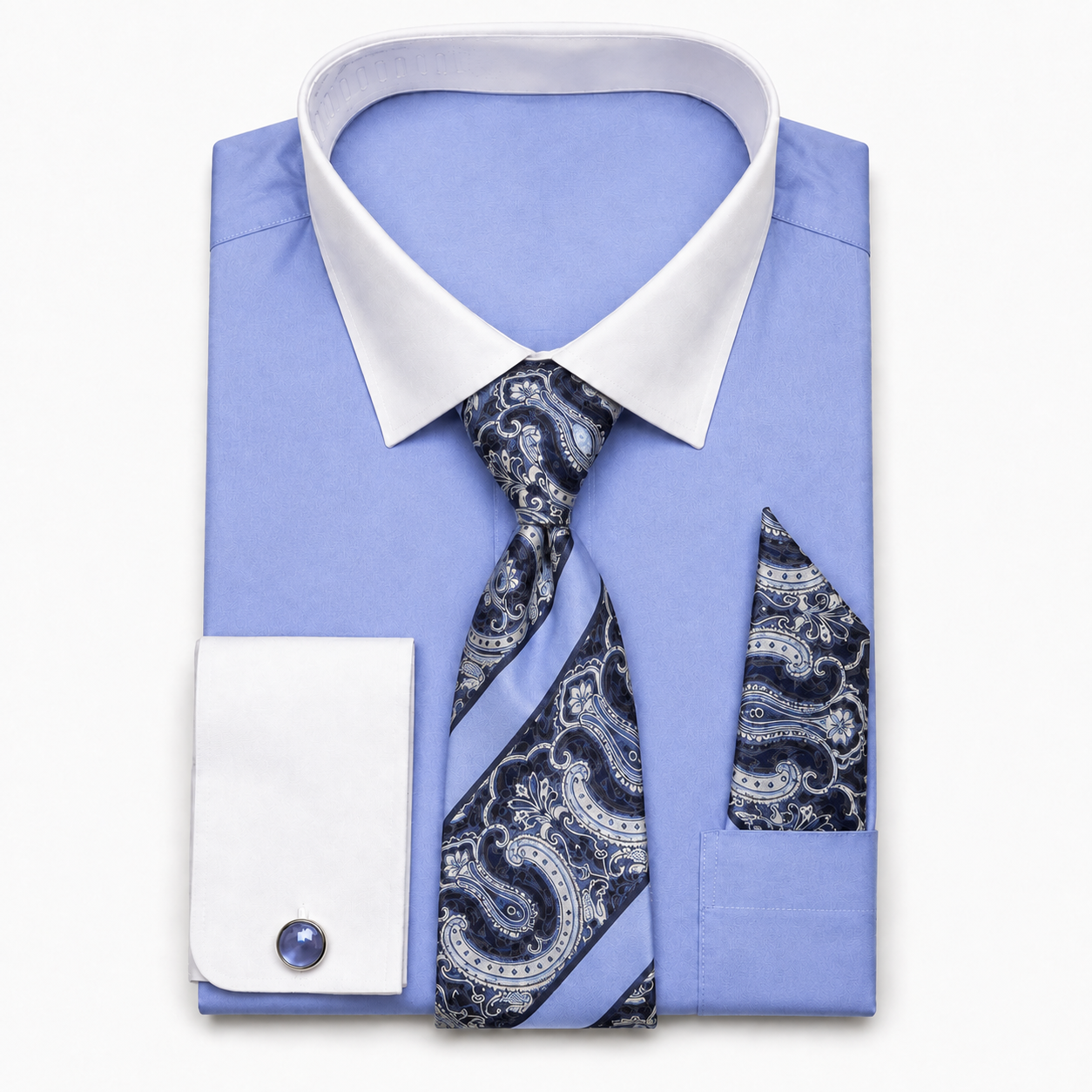Men's Light Blue cotton blend French cuff dress shirt set with paisley tie