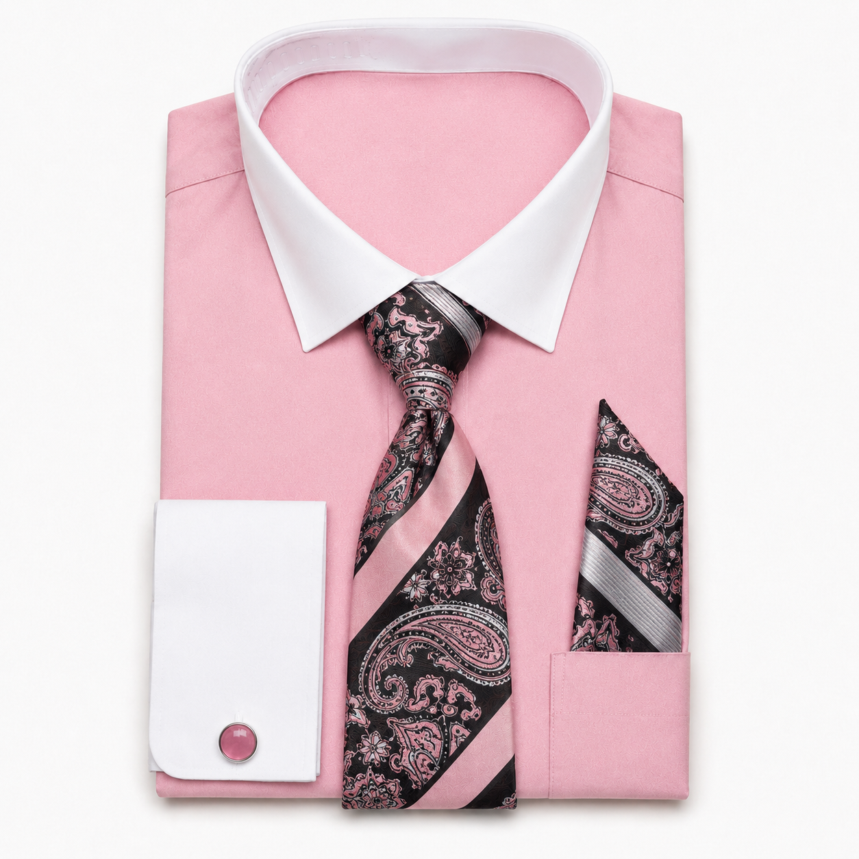 Men's Pink cotton blend French cuff dress shirt set with paisley tie