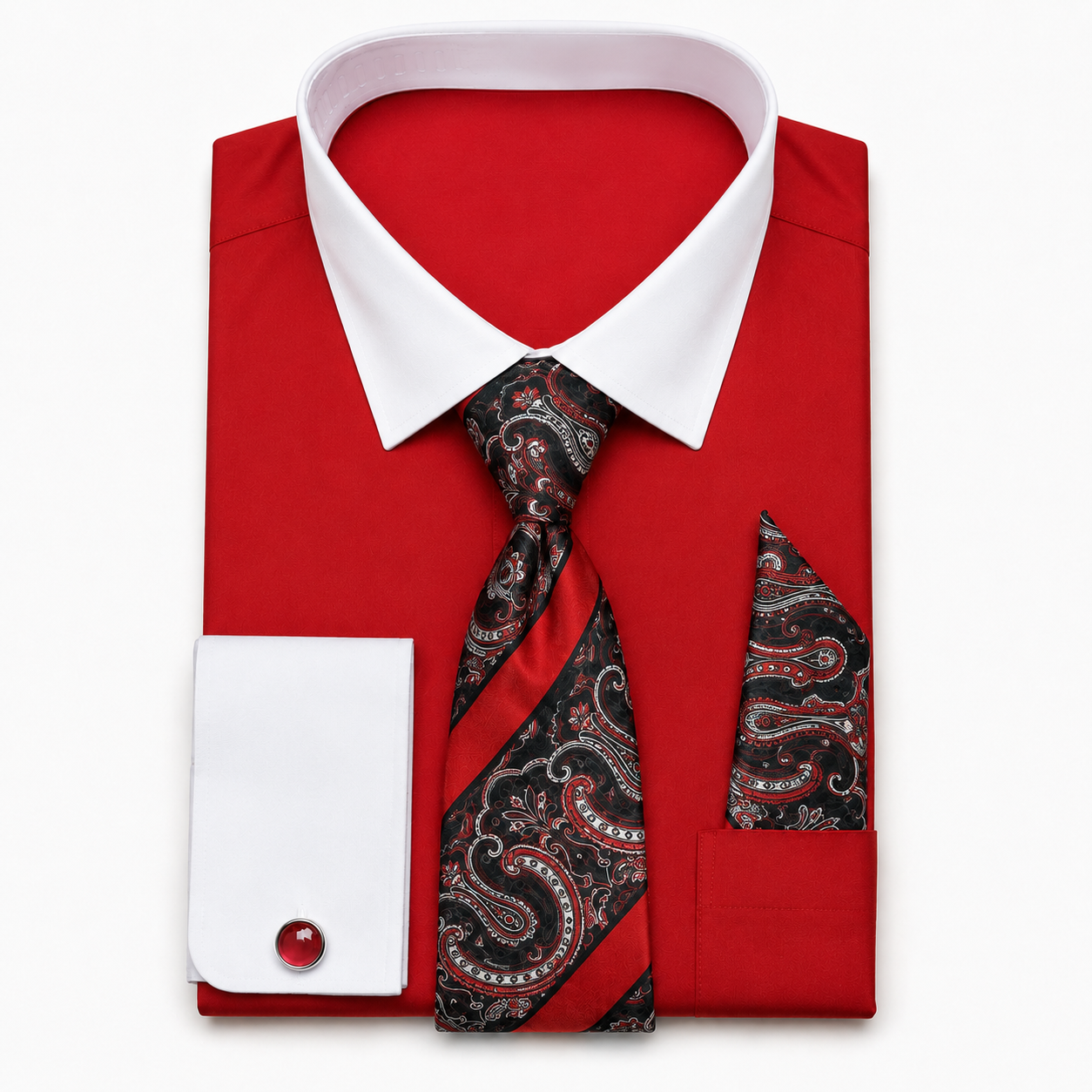 Men's Red cotton blend French cuff dress shirt set with paisley tie
