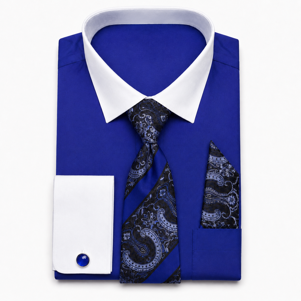 Men's Royal Blue cotton blend French cuff dress shirt set with paisley tie