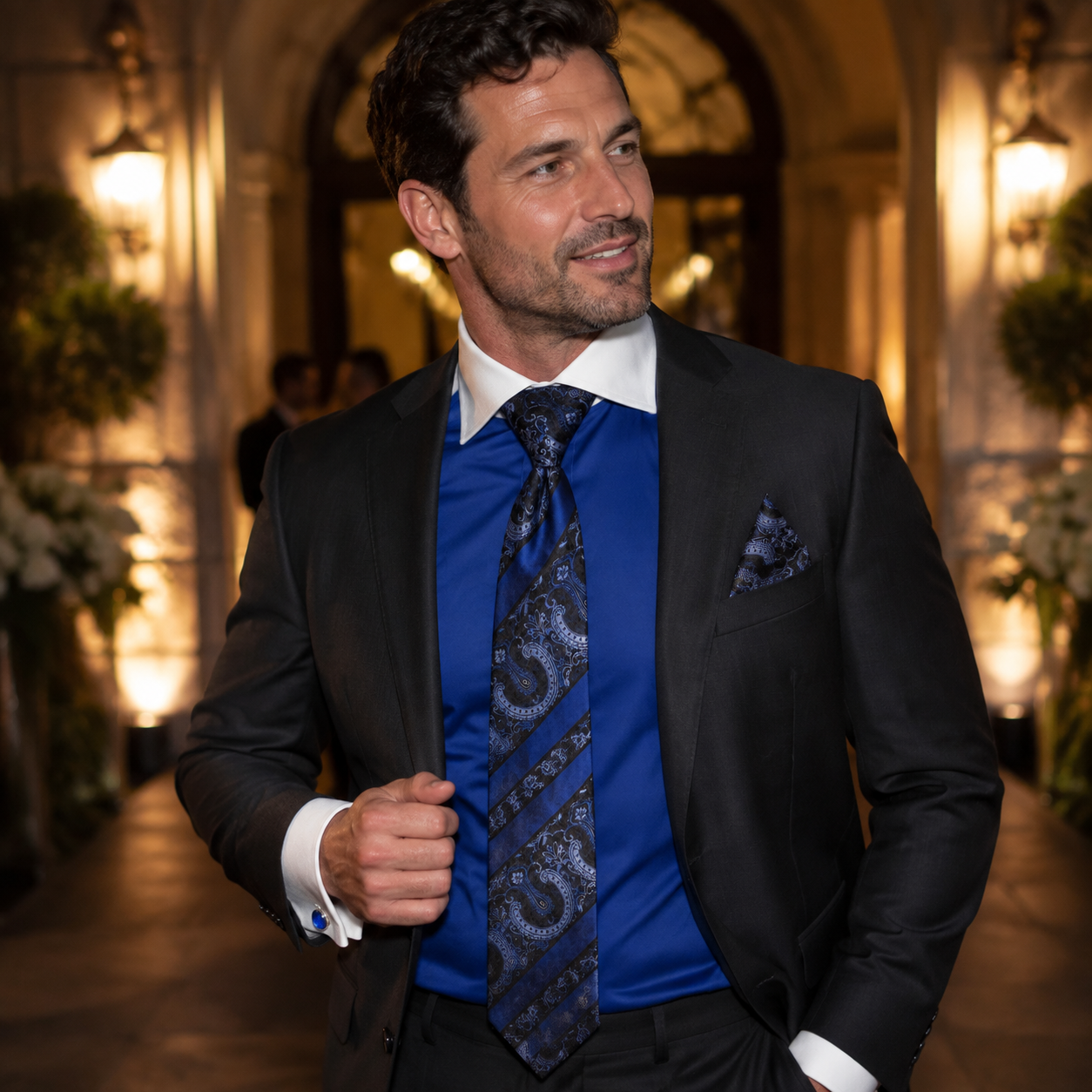 Men's Royal Blue formal shirt set with matching tie and pocket square