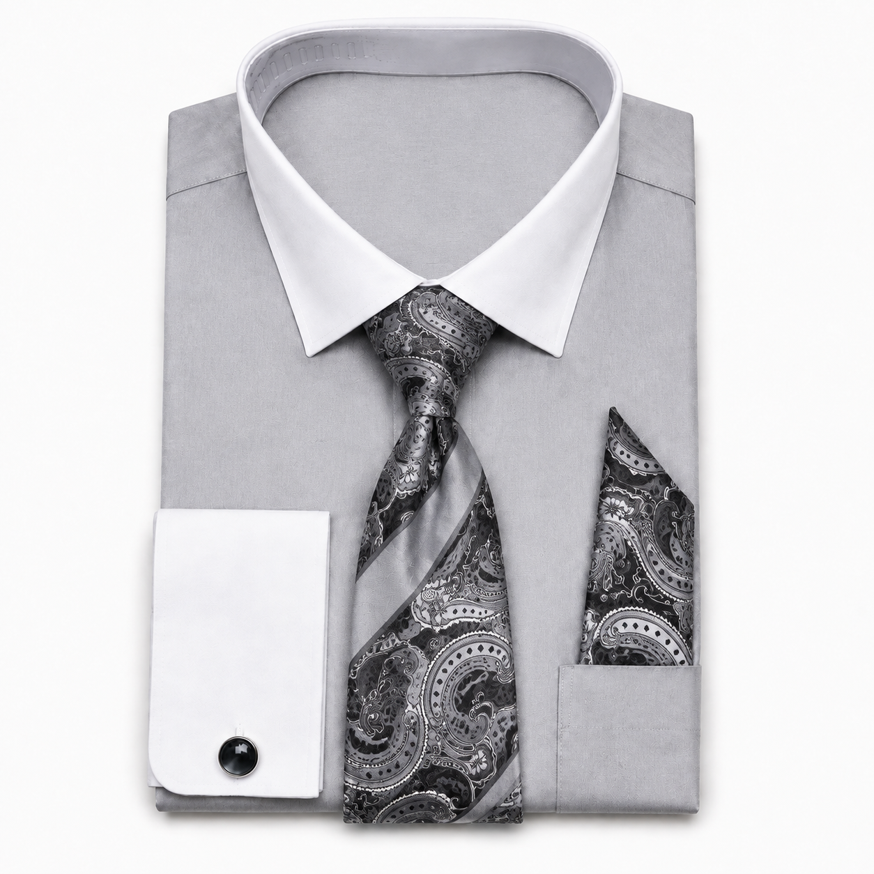 Men's Silver cotton blend French cuff dress shirt set with paisley tie
