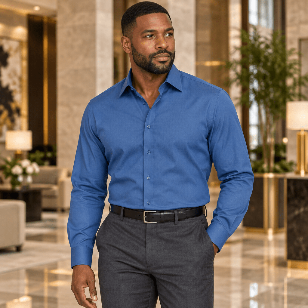 Men's Basic Dress Shirt with Convertible Cuff -Denim Blue - Upscale Men's Fashion