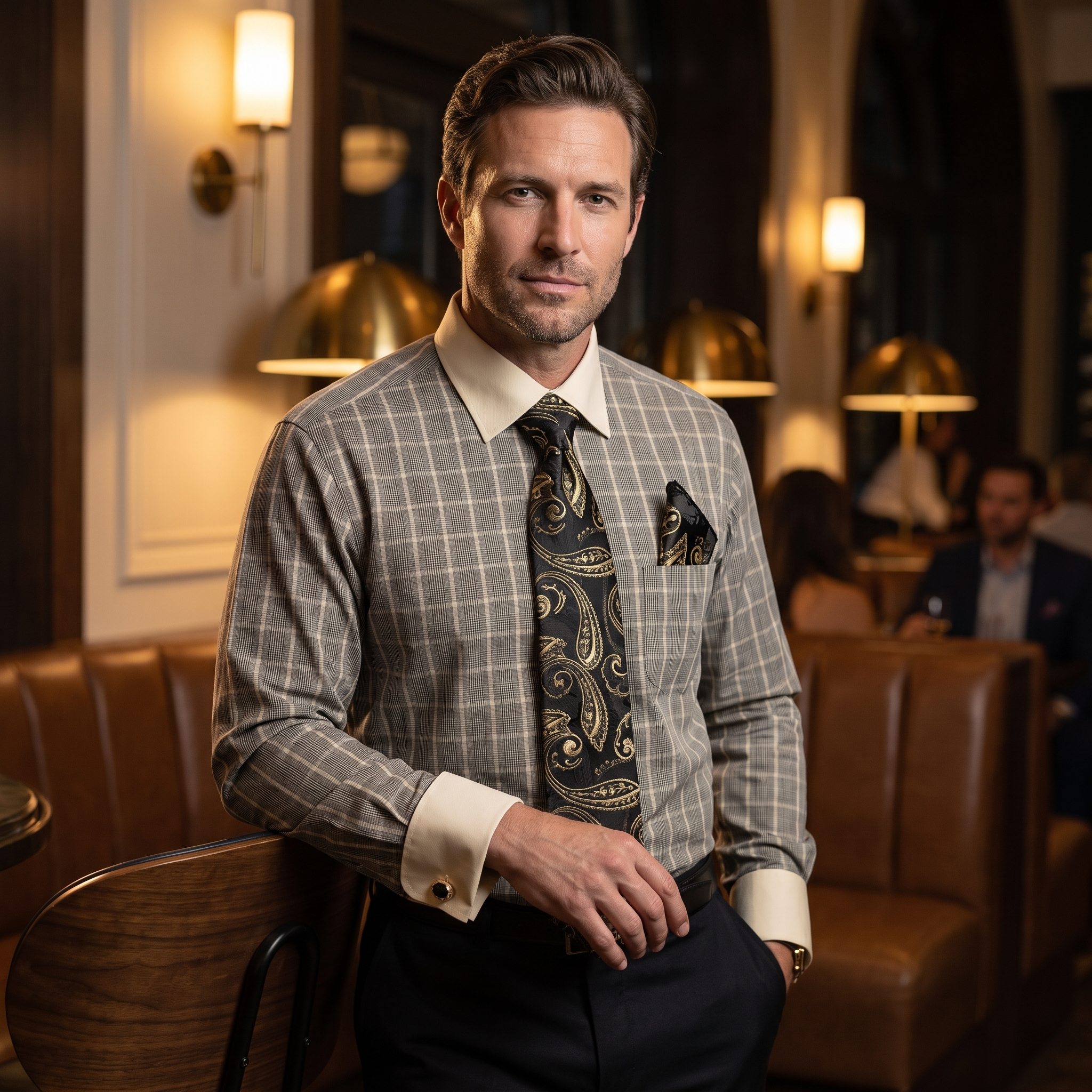 Men's black plaid contrast collar dress shirt set – evening lifestyle image