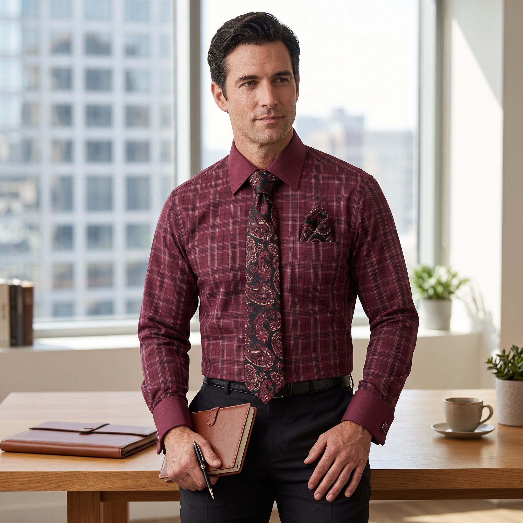 Men's burgundy plaid contrast collar dress shirt set – daytime lifestyle image
