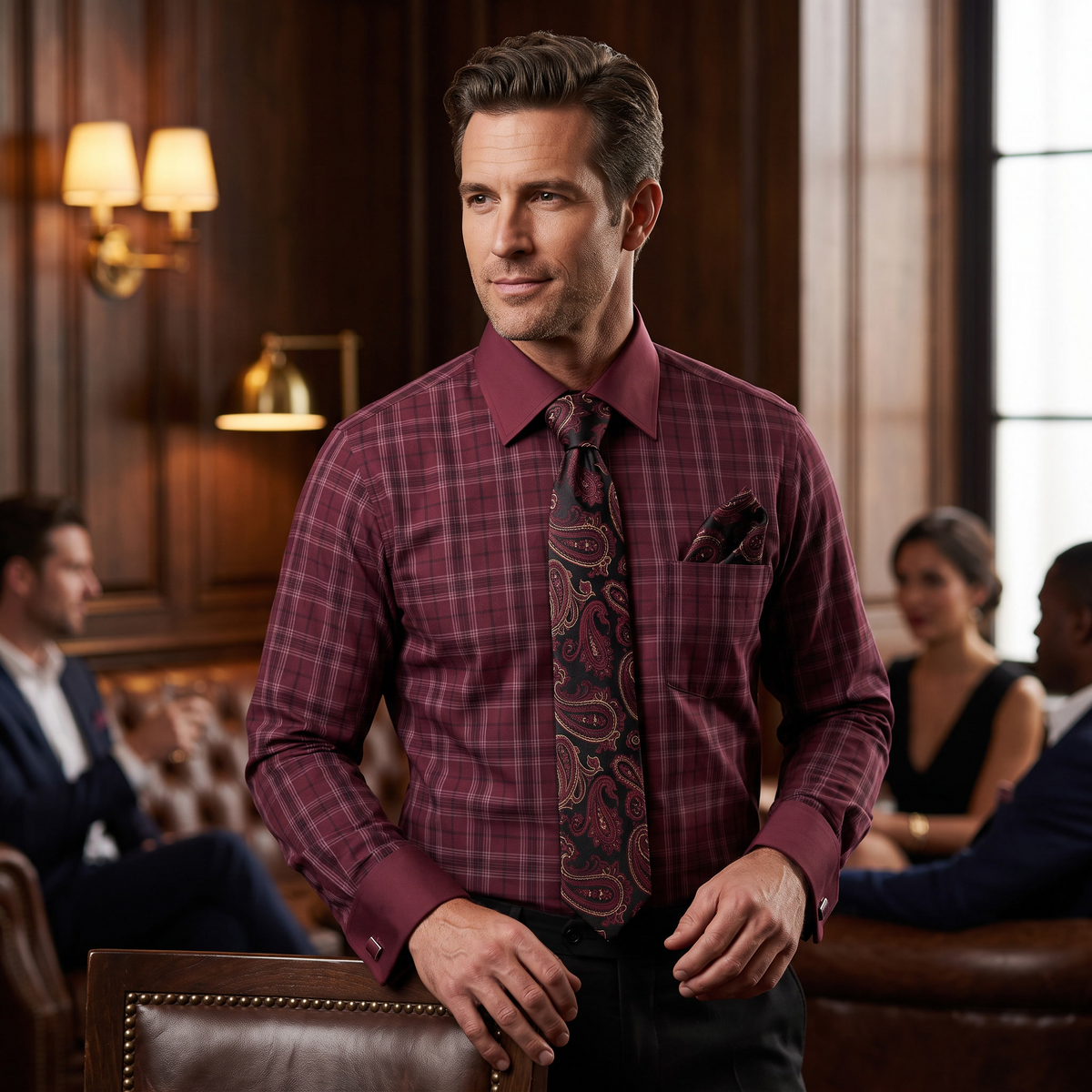 Men's burgundy plaid contrast collar dress shirt set – evening lifestyle image