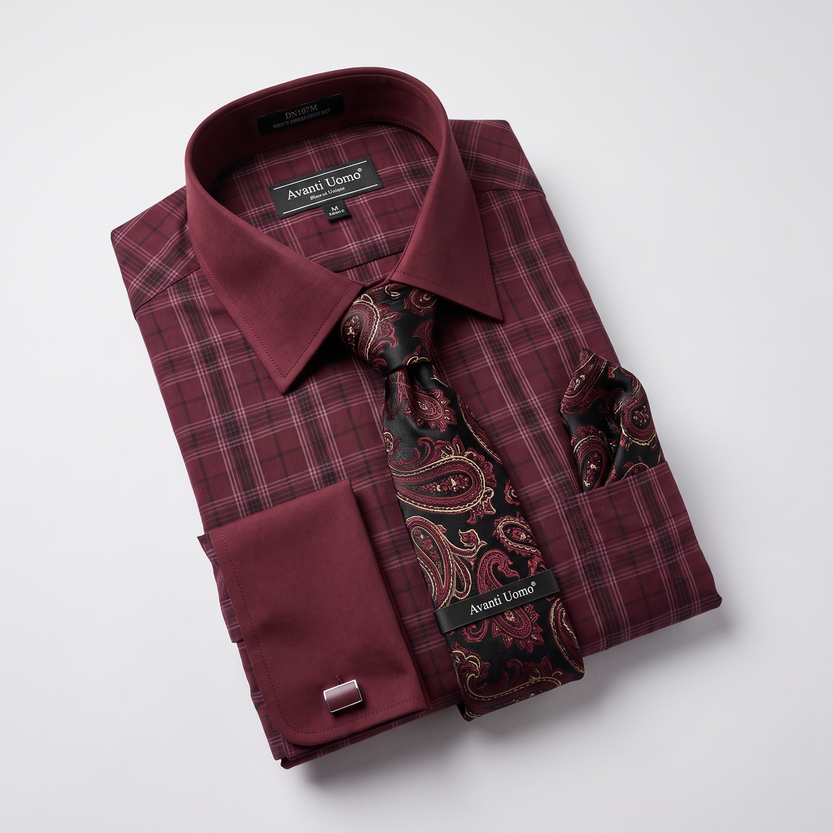 Men's burgundy plaid contrast collar dress shirt set – front product view