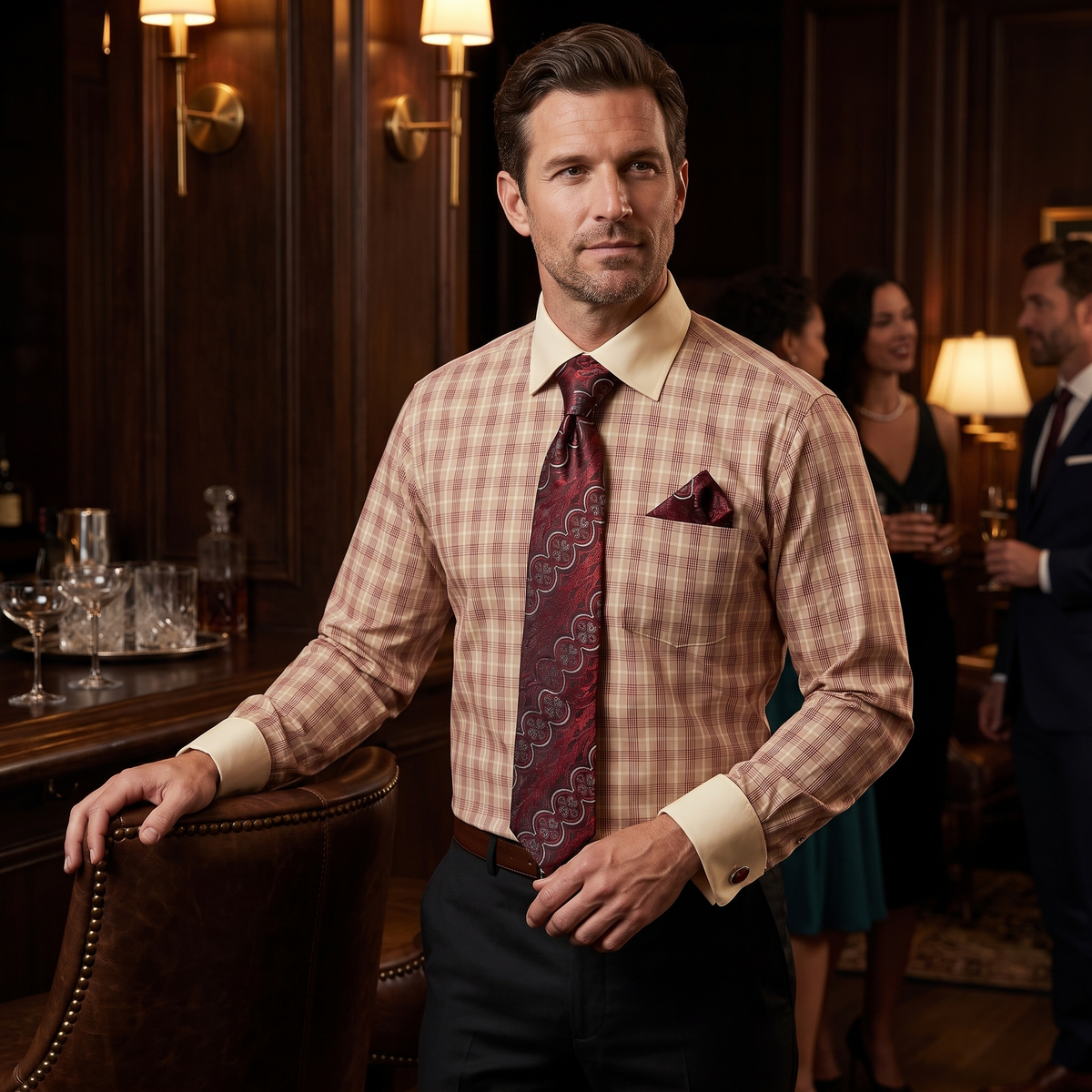 Men's red plaid contrast collar dress shirt set – evening lifestyle image