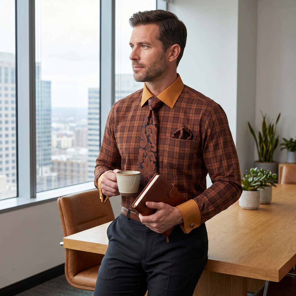 Men's rust plaid contrast collar dress shirt set – daytime lifestyle image