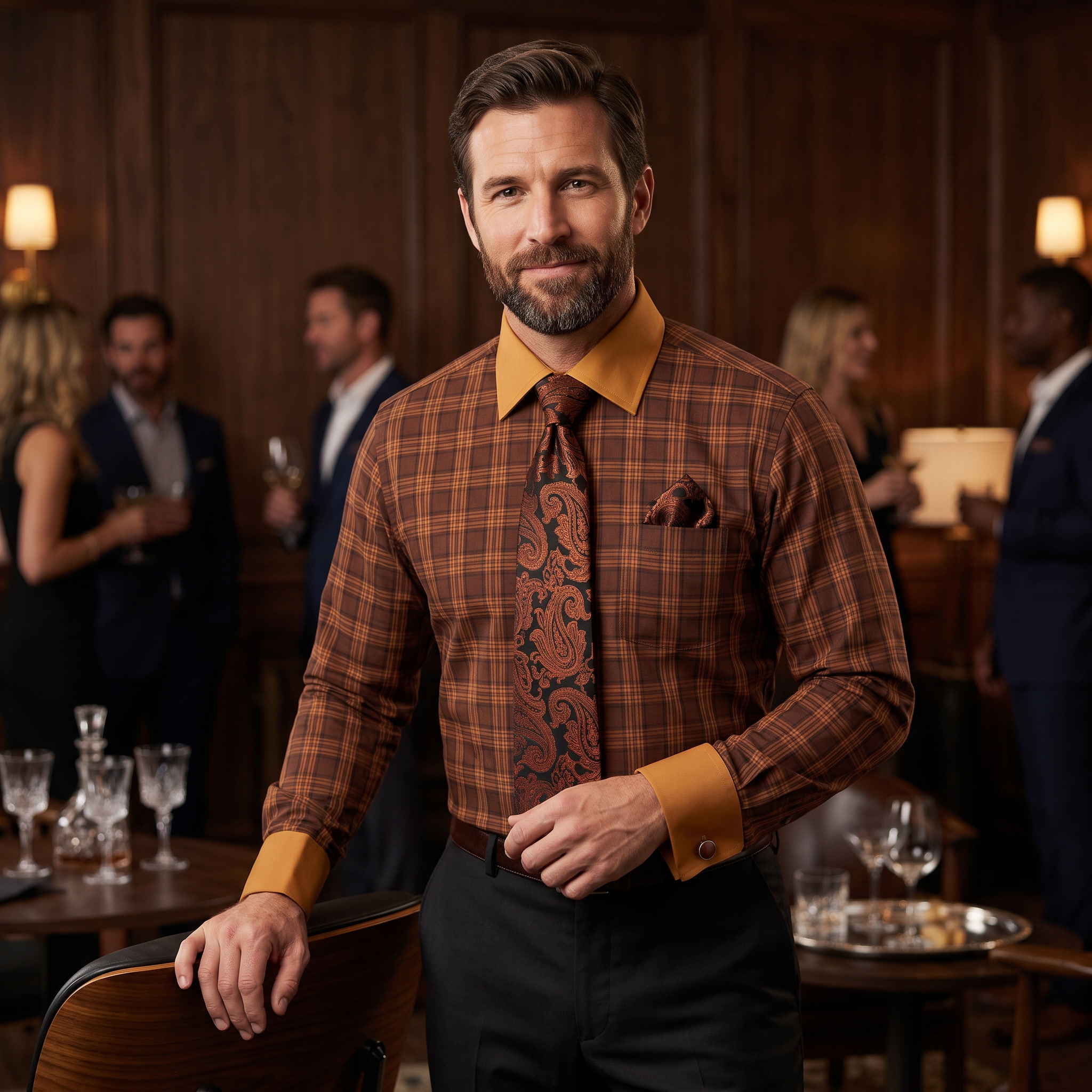 Men's rust plaid contrast collar dress shirt set – evening lifestyle image