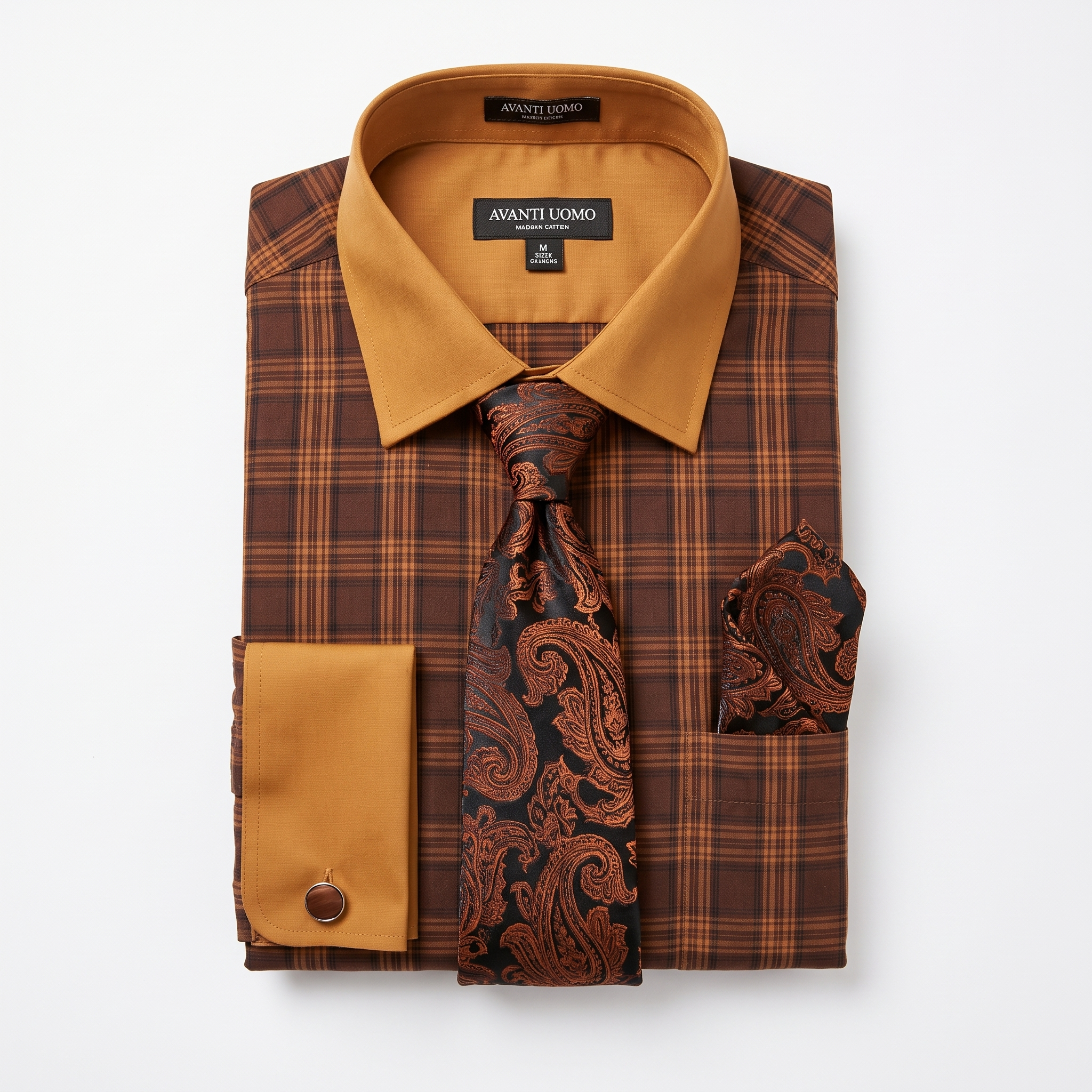Men's rust plaid contrast collar dress shirt set – front product view
