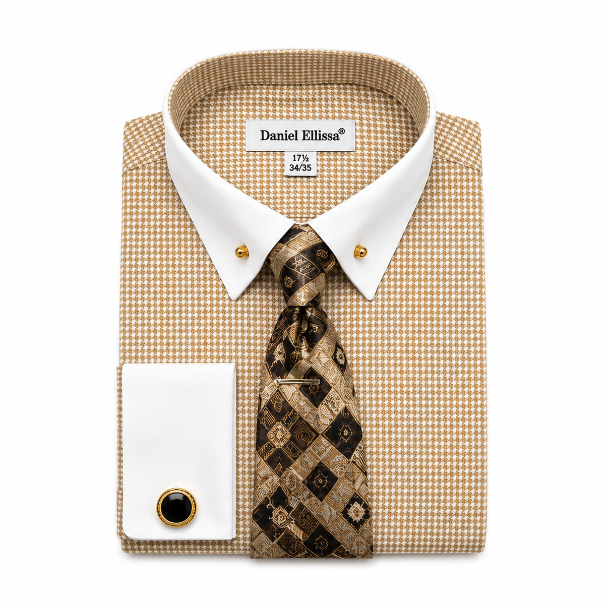Men’s beige and white collar patterned dress shirt set