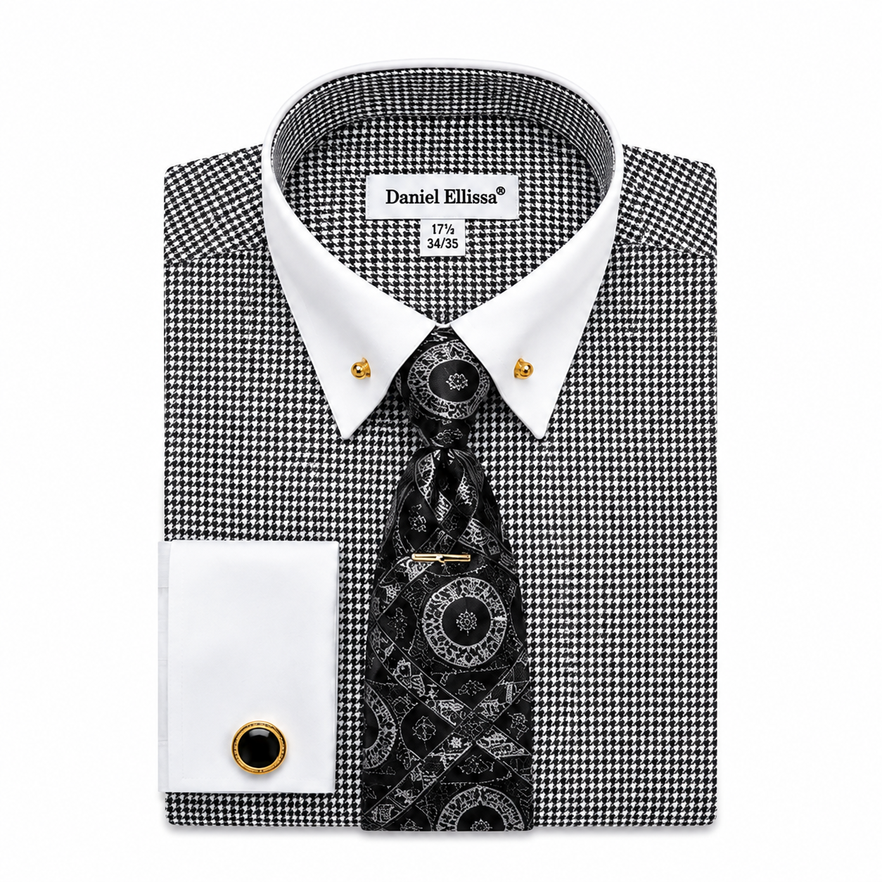 Men’s black and white collar patterned dress shirt set