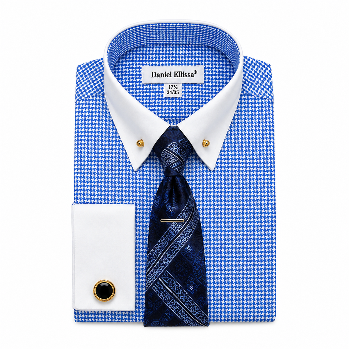 Men’s blue and white collar patterned dress shirt set
