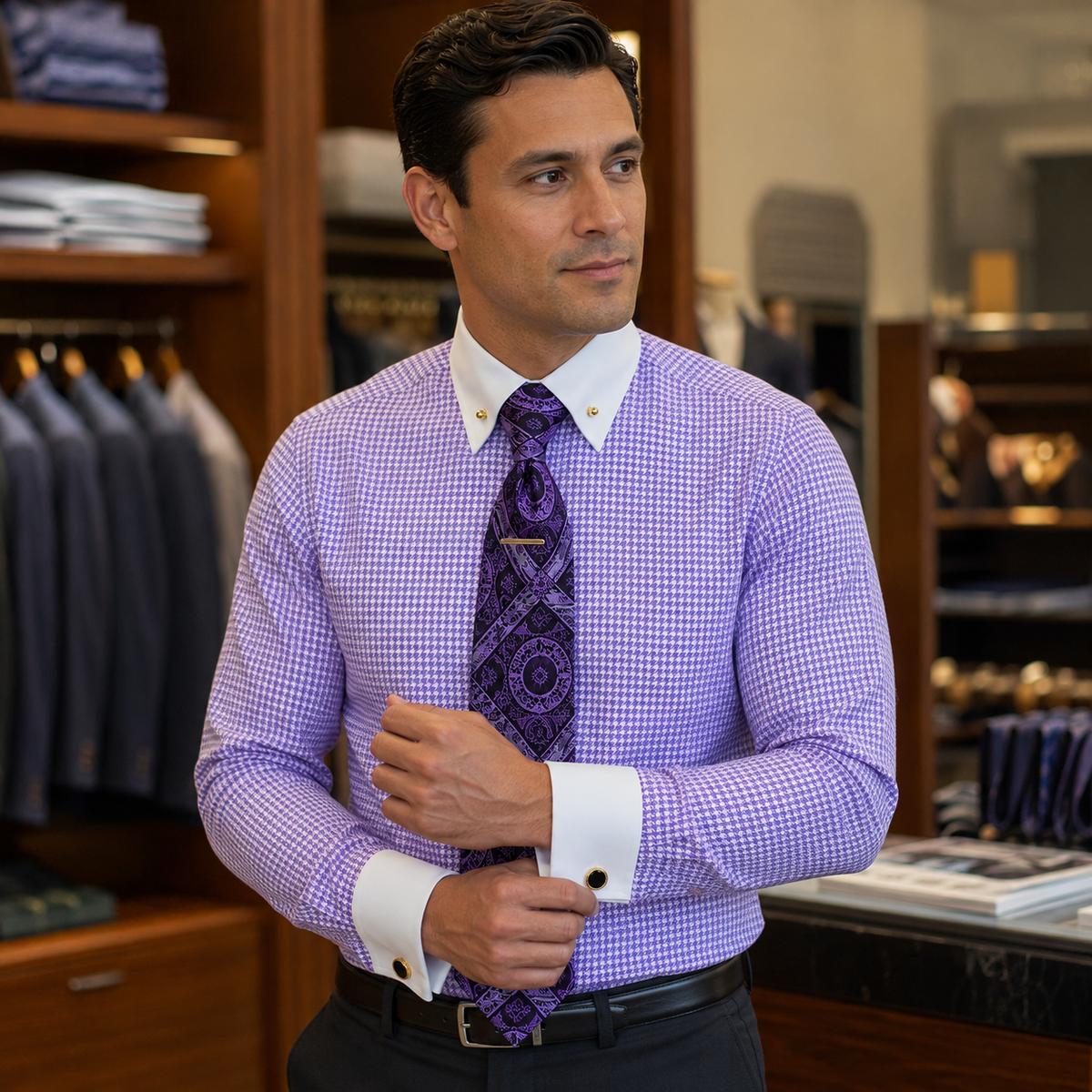 Male model wearing the lavender and white collar patterned dress shirt set