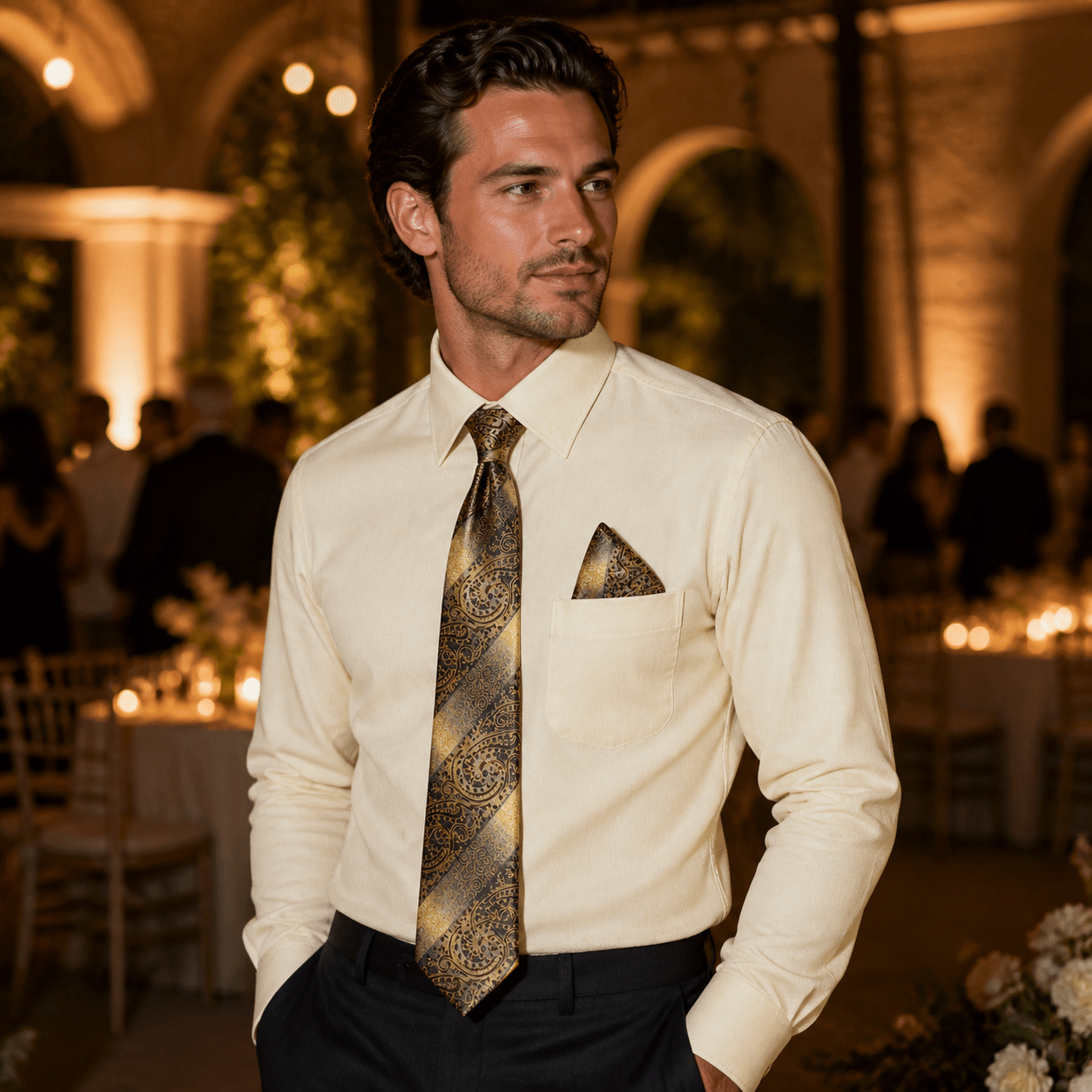 Men's Textured Jacquard Collar & Cuff Dress Shirt Set, Butter - Upscale Men's Fashion