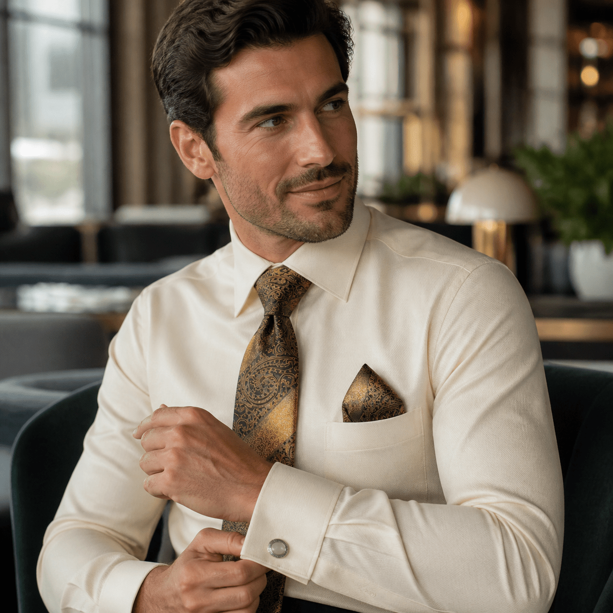 Men's Textured Jacquard Collar & Cuff Dress Shirt Set, Butter - Upscale Men's Fashion