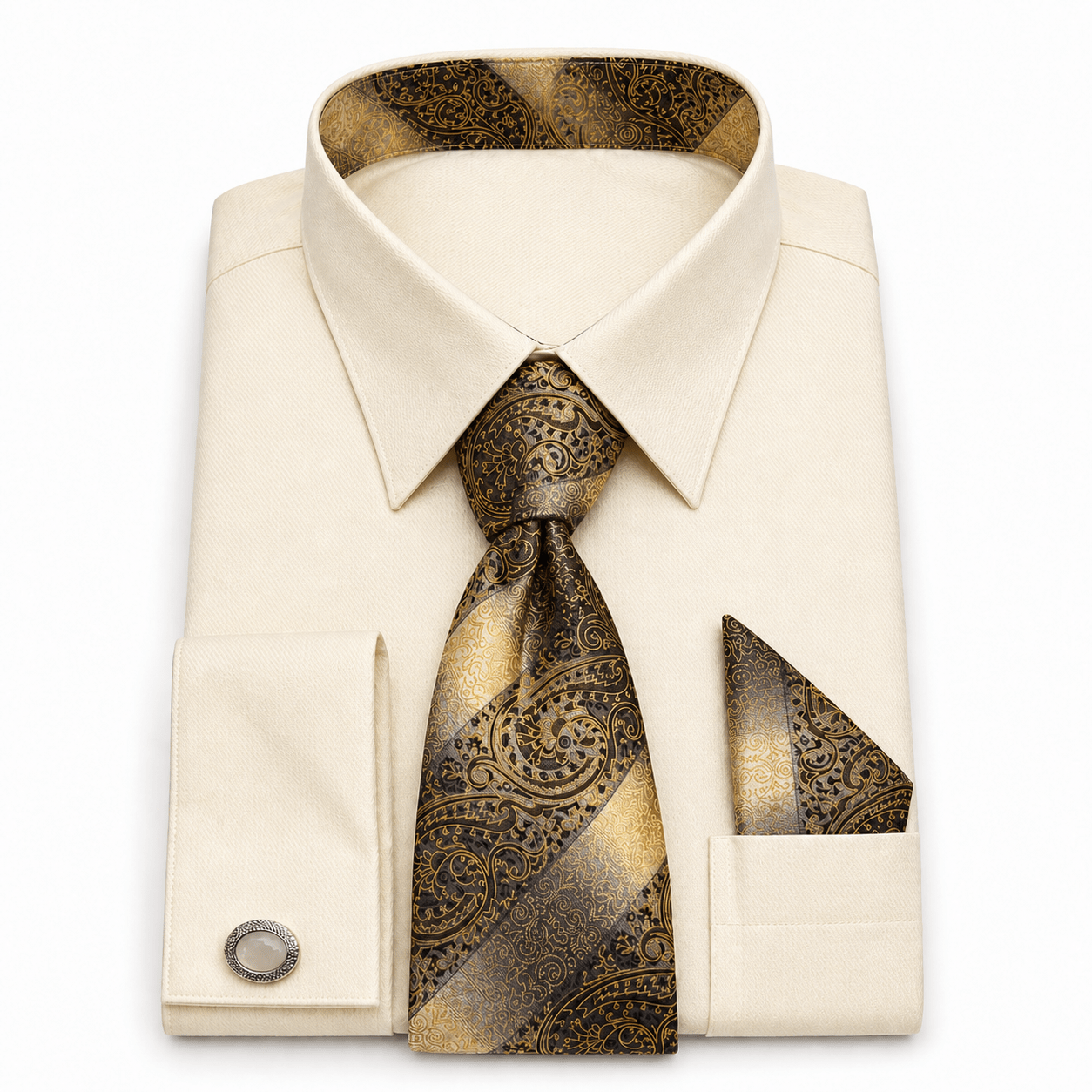 Men's Textured Jacquard Collar & Cuff Dress Shirt Set, Butter - Upscale Men's Fashion