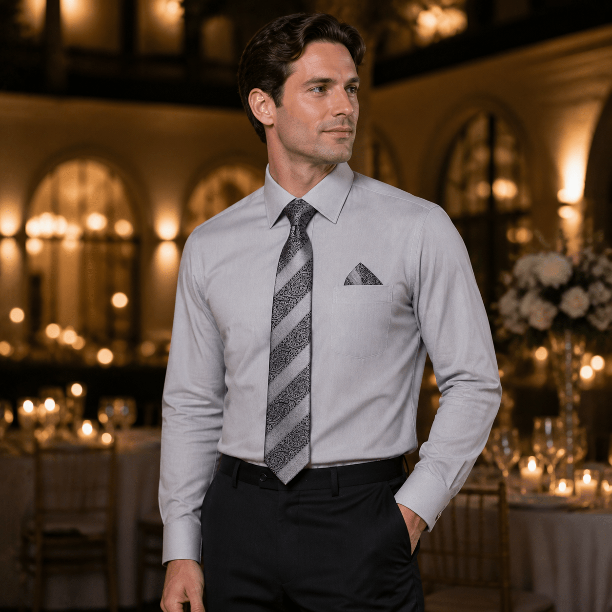 Men's Textured Jacquard Collar & Cuff Dress Shirt Set, Gray - Upscale Men's Fashion