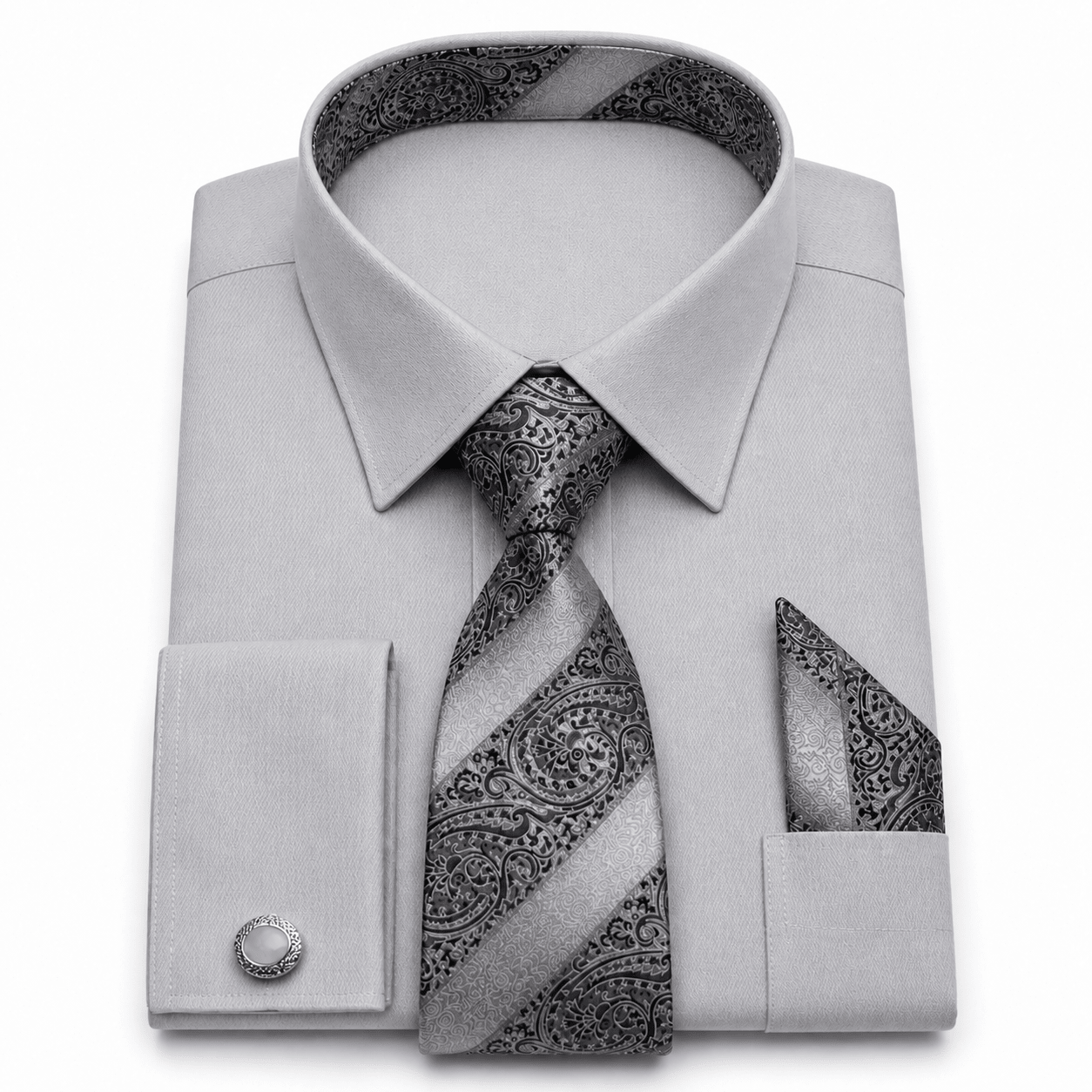 Men's Textured Jacquard Collar & Cuff Dress Shirt Set, Gray - Upscale Men's Fashion