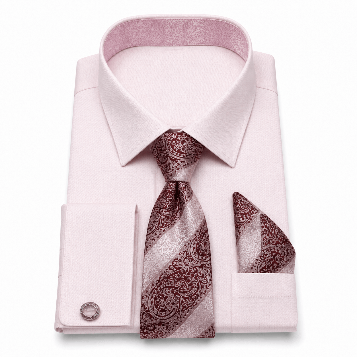 Men's Textured Jacquard Collar & Cuff Dress Shirt Set, Pink - Upscale Men's Fashion