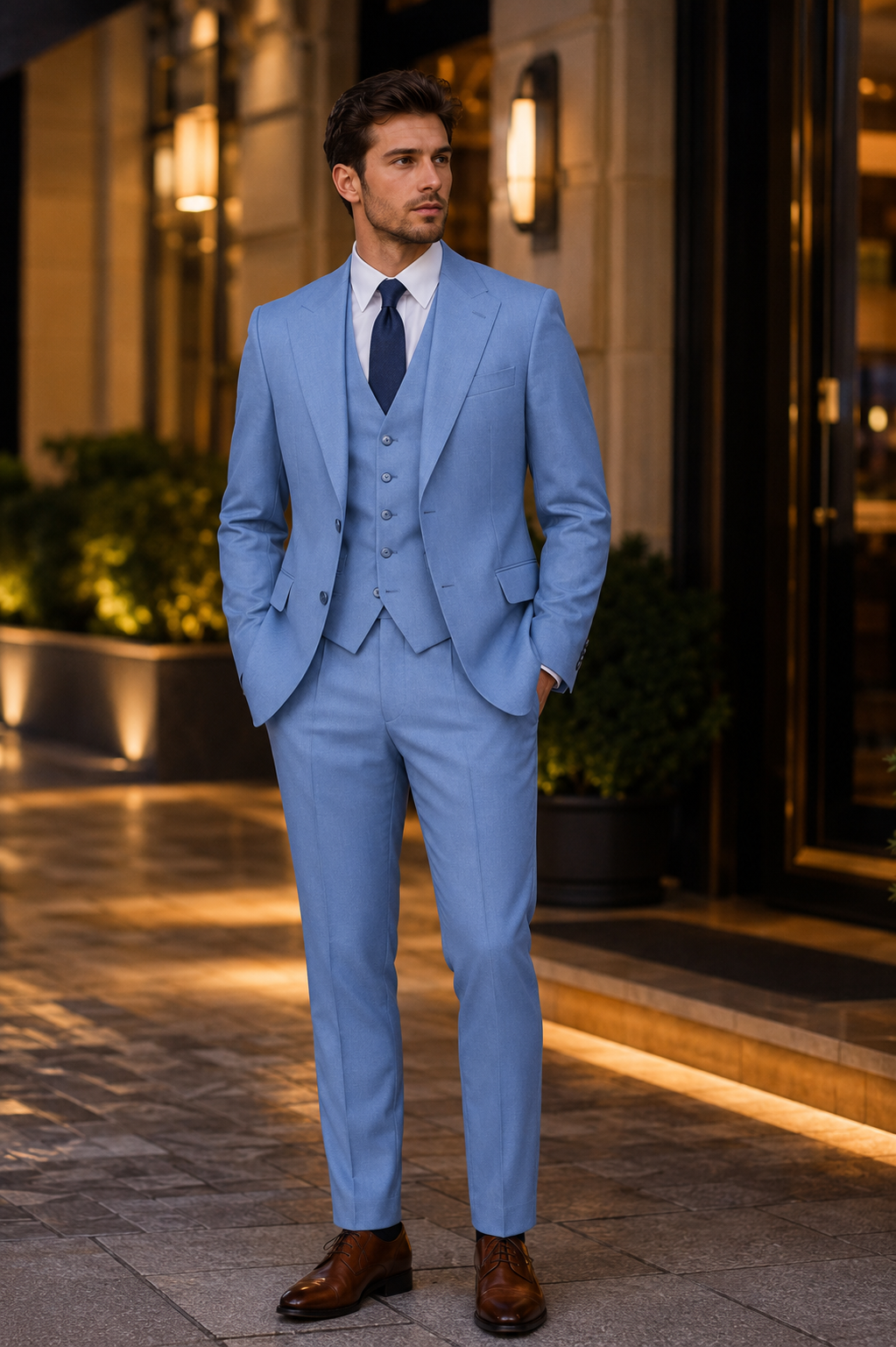 Dusty blue three-piece suit evening lifestyle look