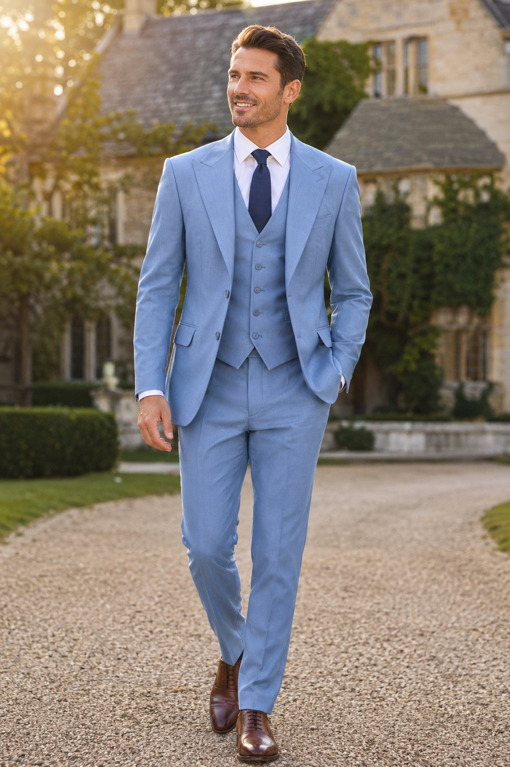 Dusty blue three-piece suit wedding lifestyle look