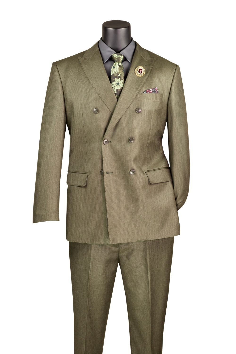 Dusty Green Regular Fit Double-Breasted Sharkskin Suit with Peak Lapel – Upscale Men’s Fashion