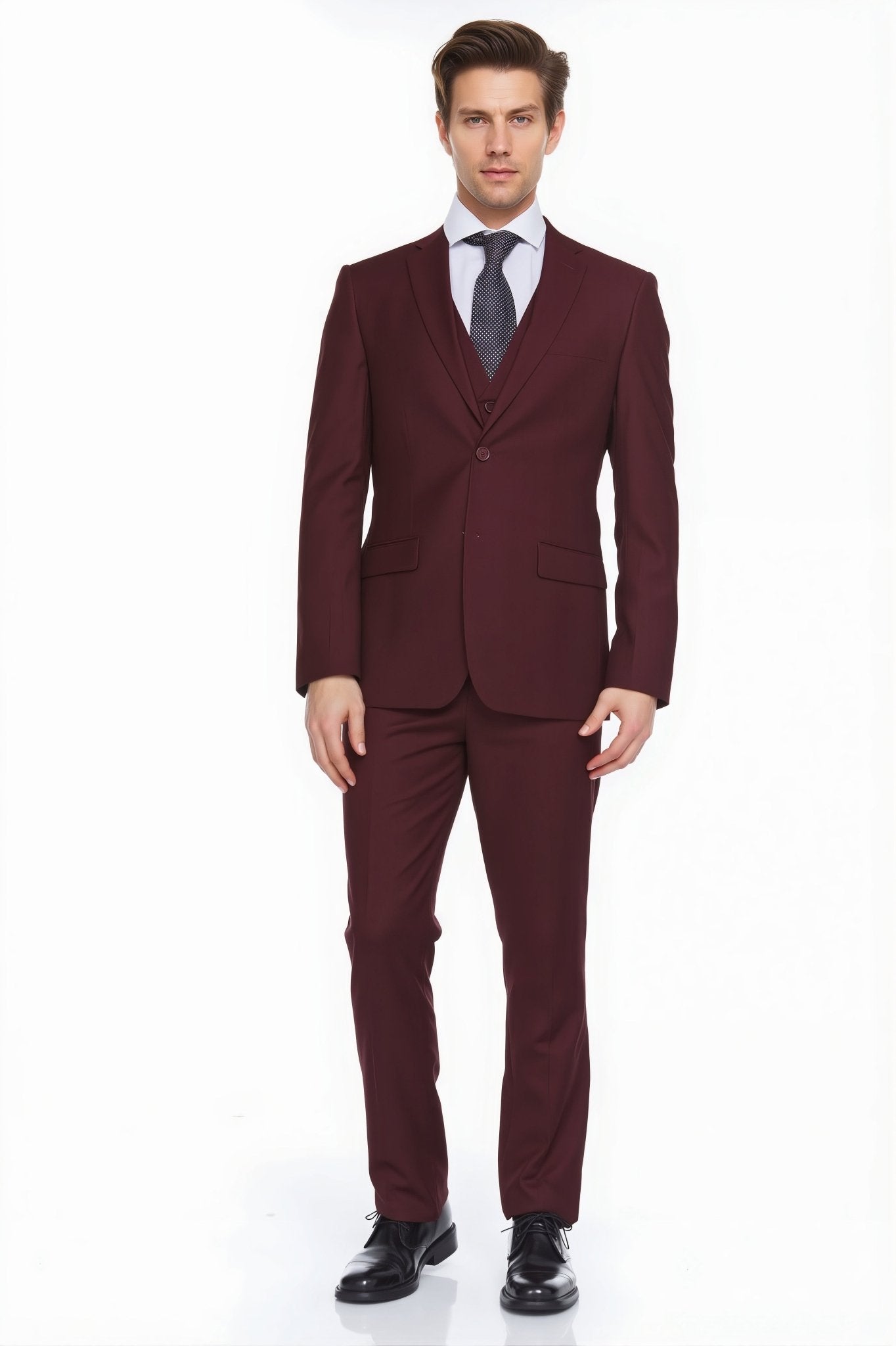 Ferera Collection-Men's 3 Piece Modern Fit Suit Solid Burgundy - Upscale Men's Fashion