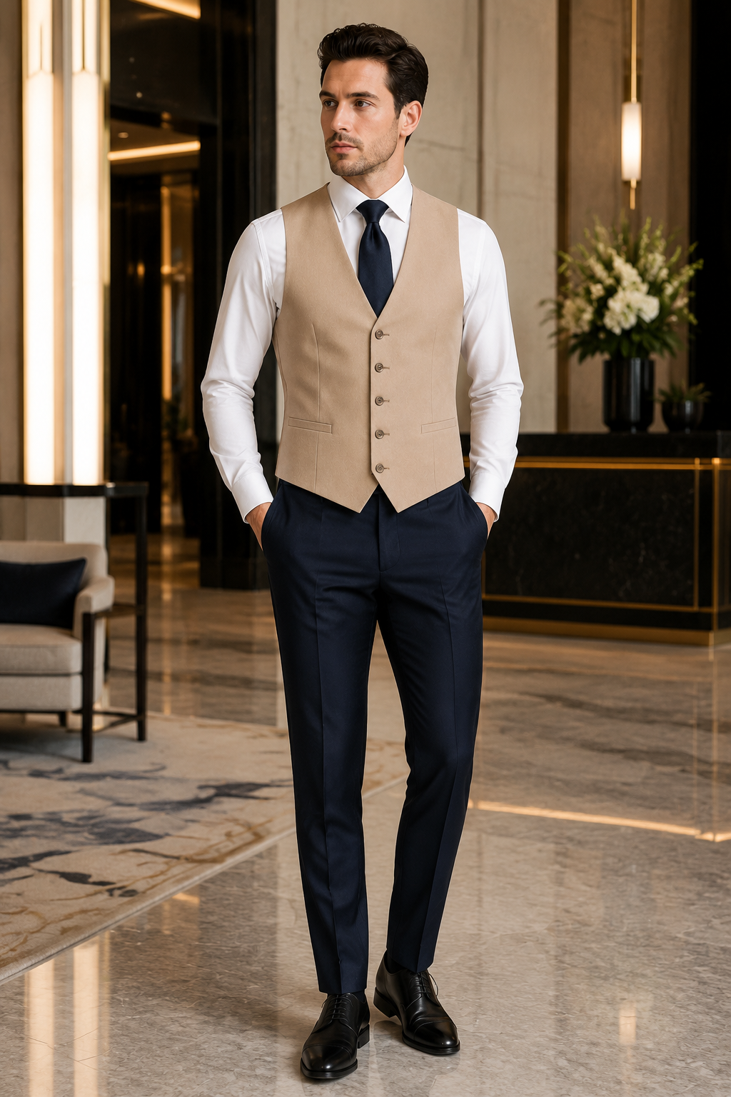Ferera Collection Men's Tan Slim Fit Suit Vest styled with contrasting dark navy pants