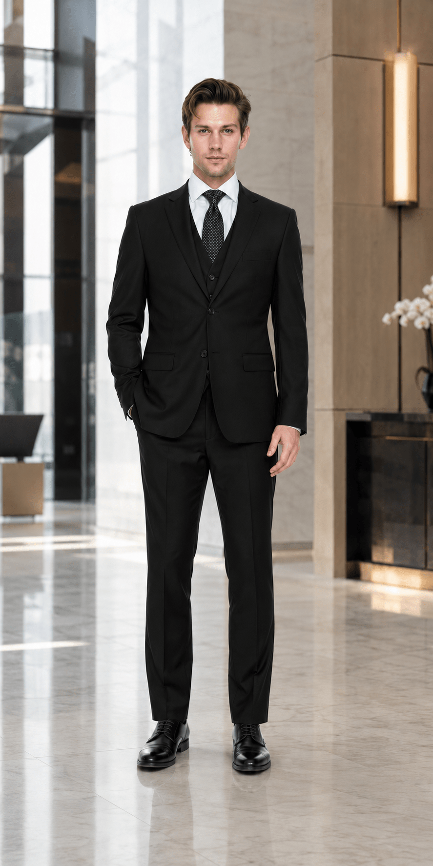Ferera Modern Fit 3-piece black suit lifestyle image