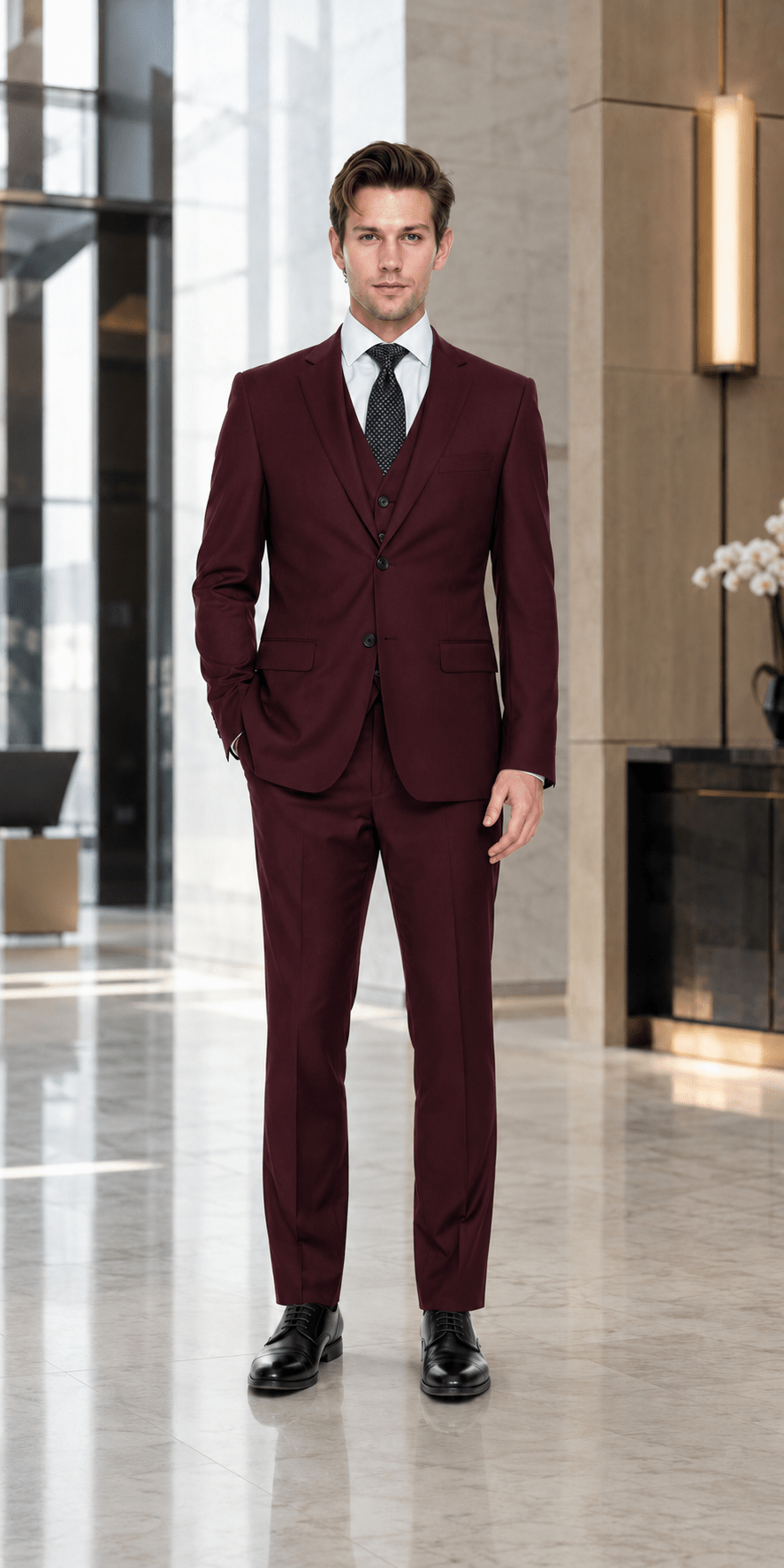 Ferera Modern Fit 3-piece burgundy suit lifestyle image