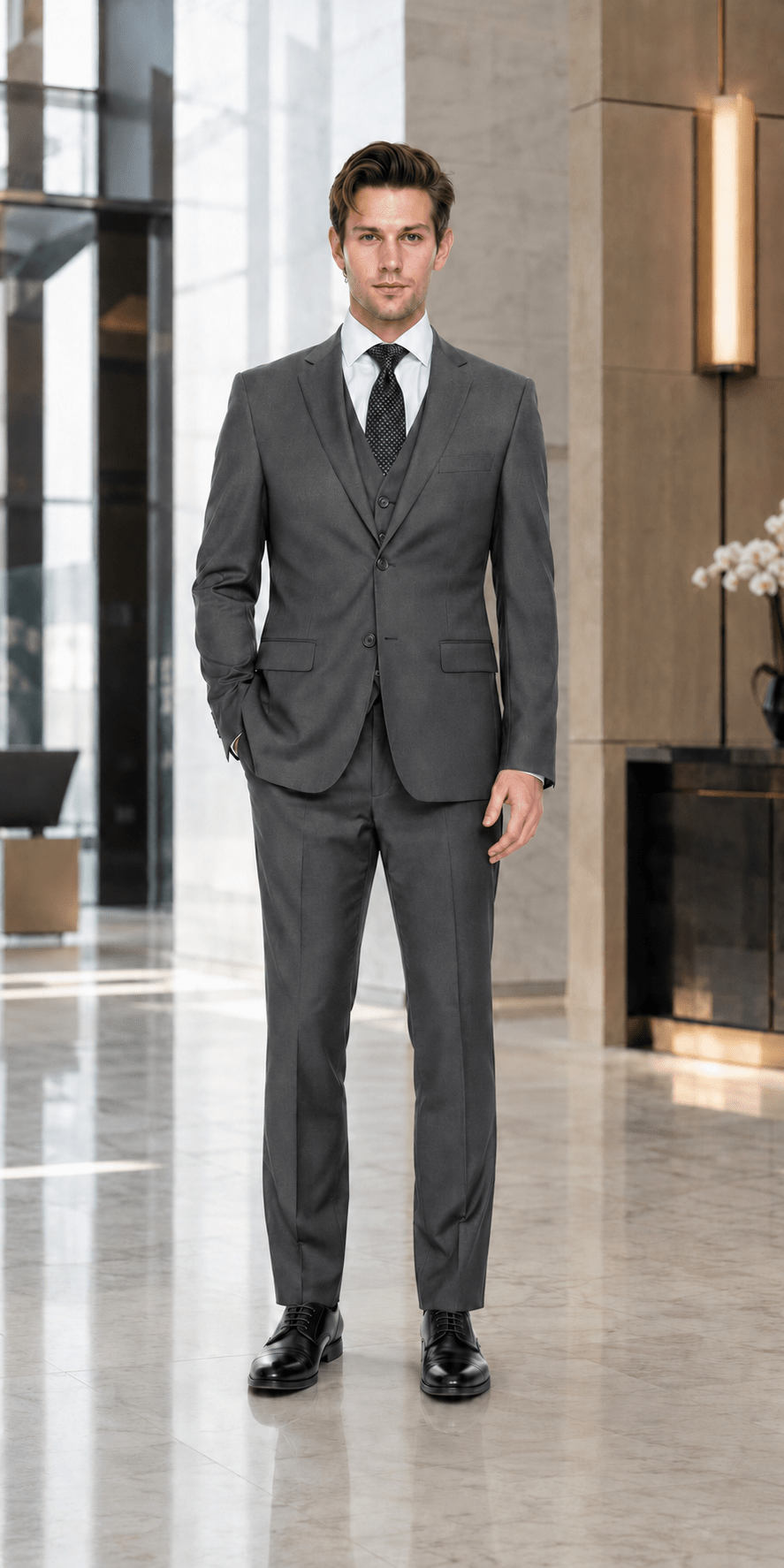 Ferera Modern Fit 3-piece dark gray suit lifestyle image
