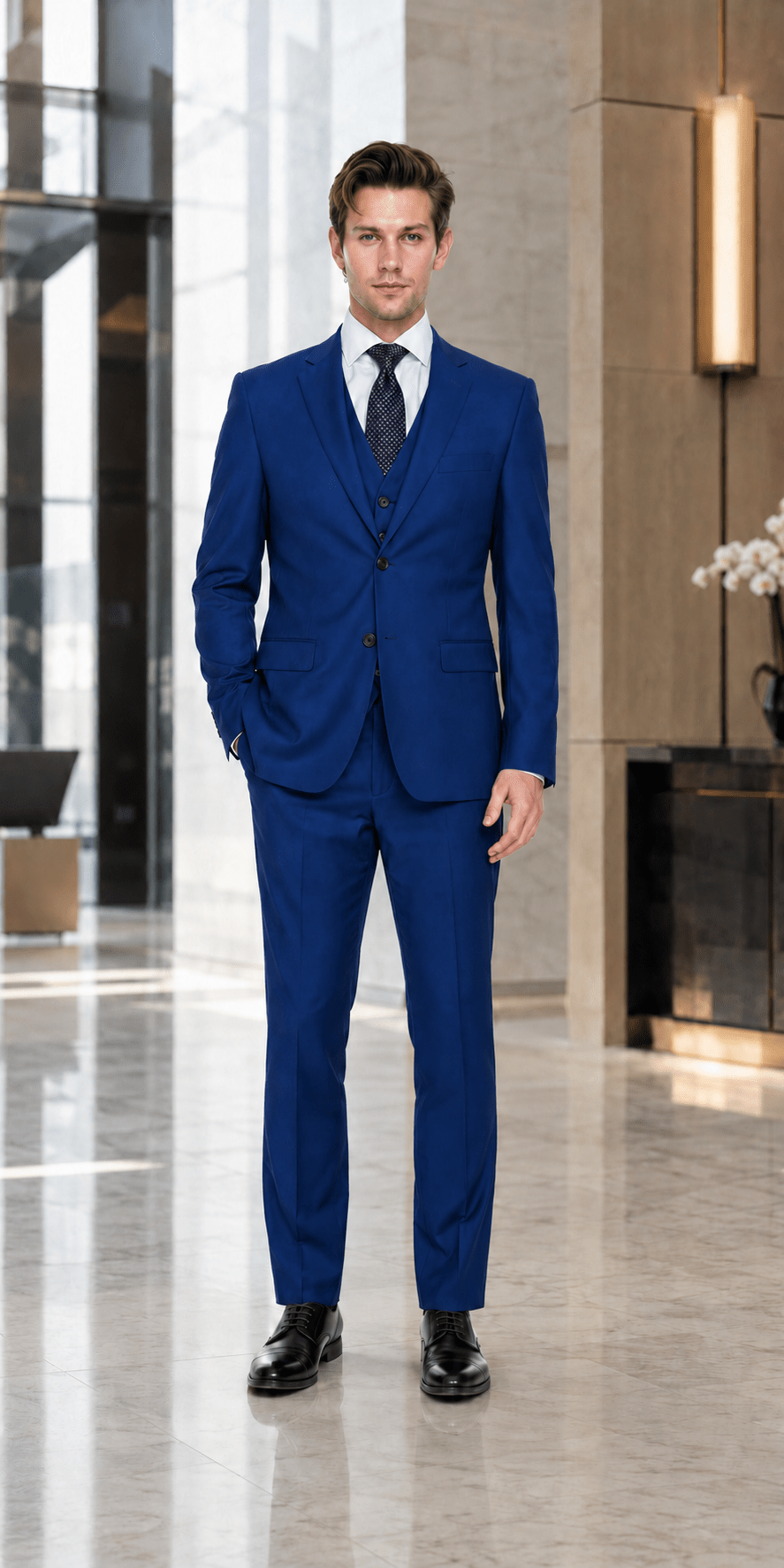 Ferera Modern Fit 3-piece French blue suit lifestyle image